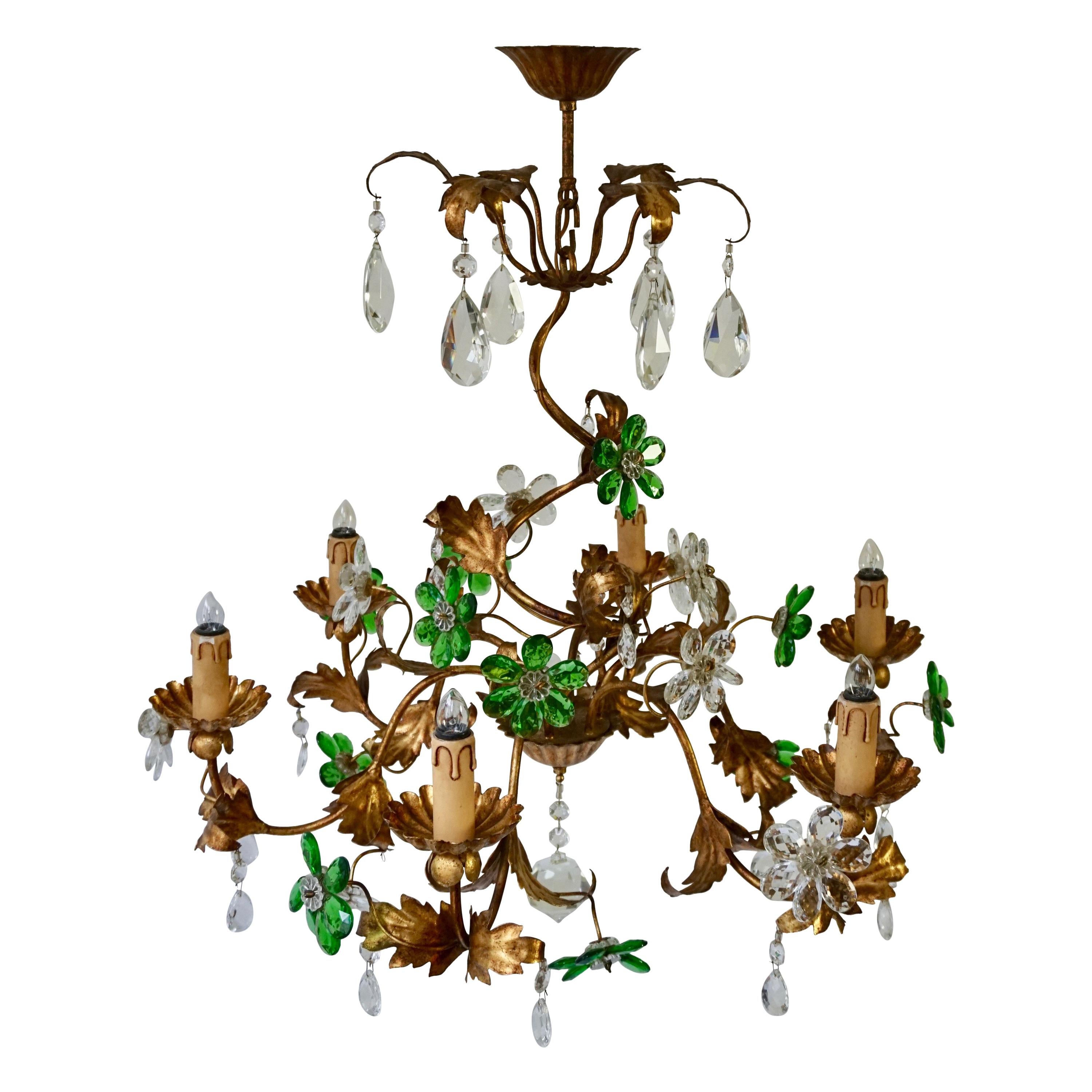 Italian Gilt Floral Design Chandelier with Green and Transparent Glass Flowers For Sale