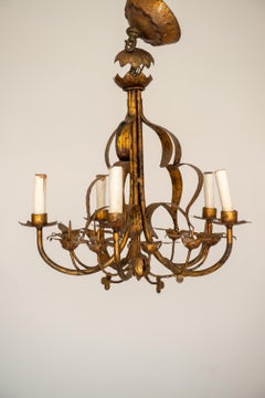 Italian Gilt Metal Floral Chandelier, Wrought Iron, Five Lights, 1960s