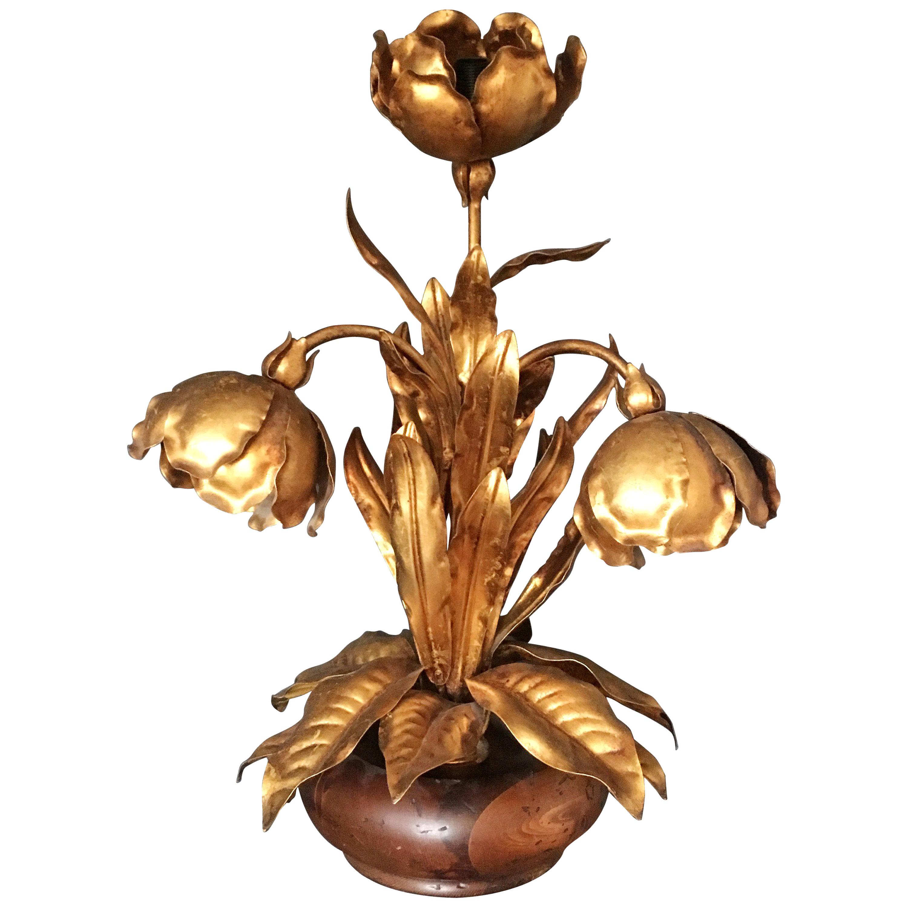 Italian Gilt Flower Tole Lamp, 1970s