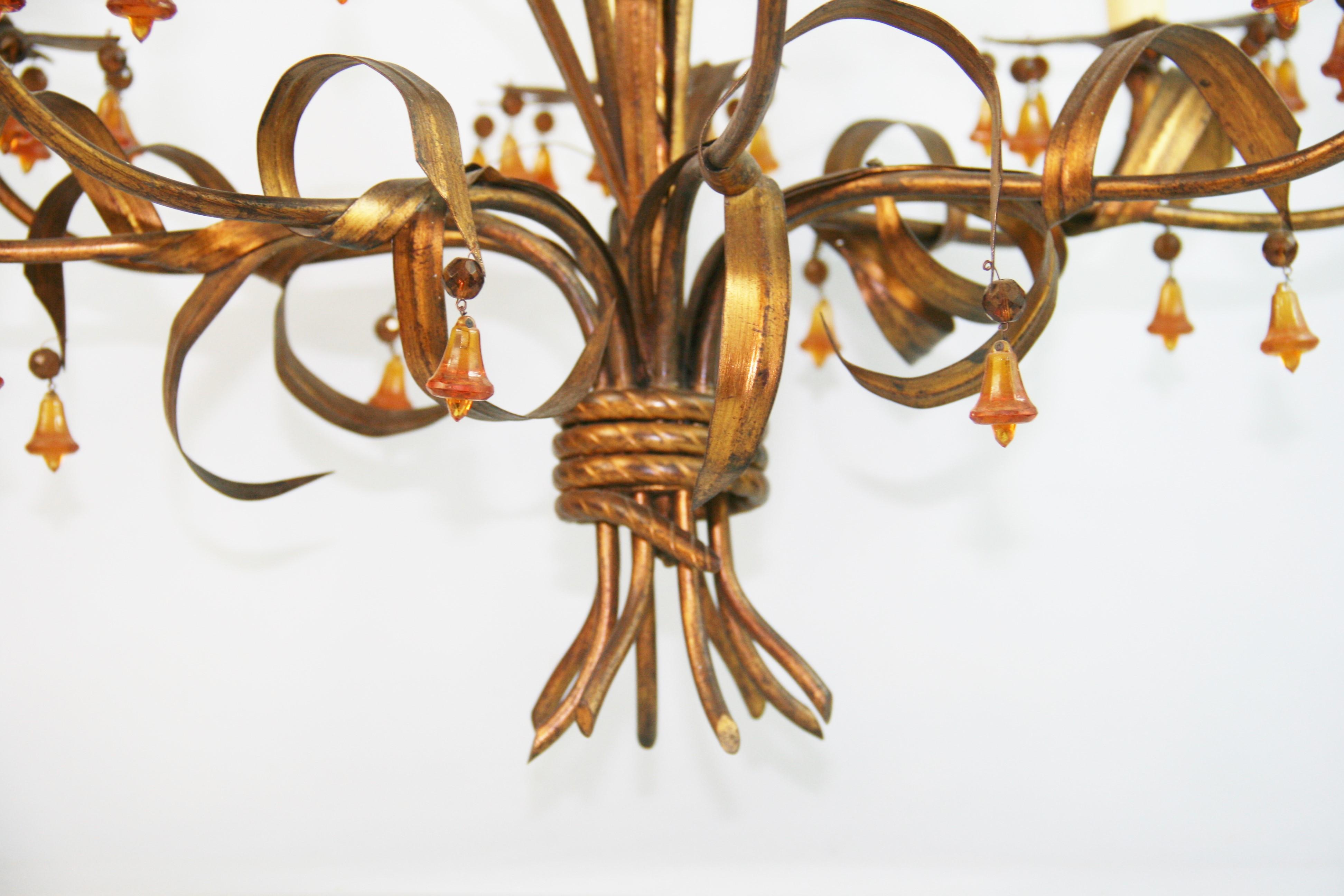 Italian Gilt Foliate  Metal   Chandelier with Murano Handmade  Amber Glass Bells For Sale 6