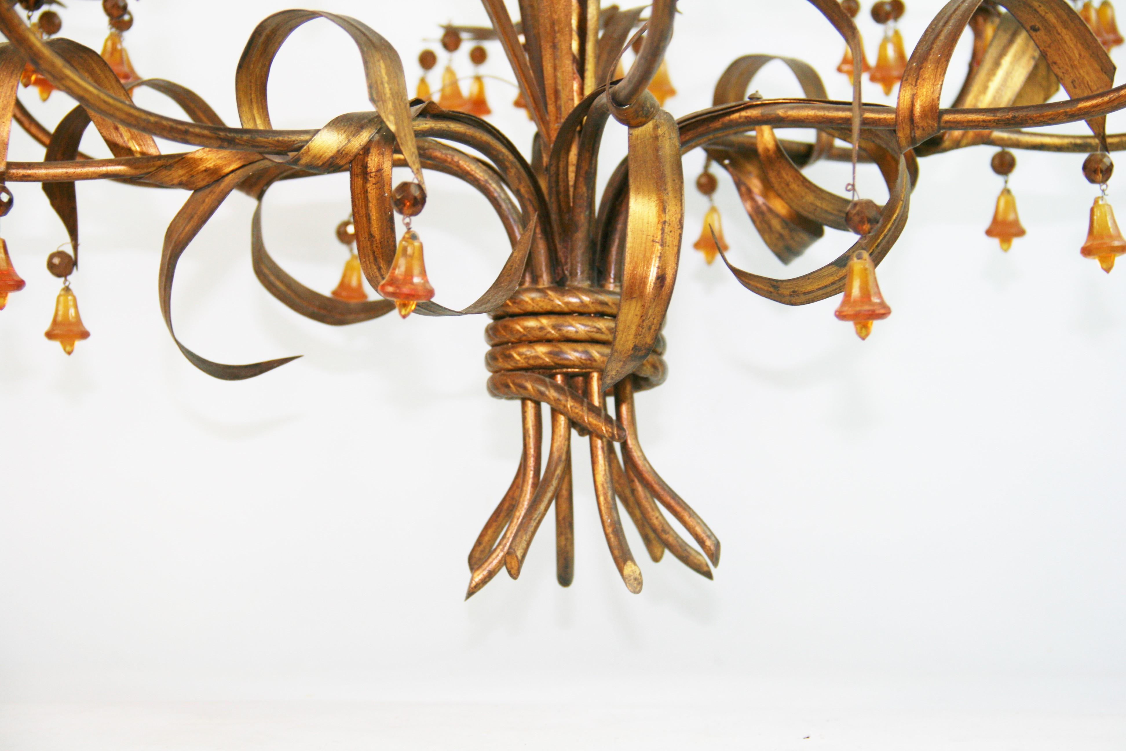 Italian Gilt Foliate  Metal   Chandelier with Murano Handmade  Amber Glass Bells For Sale 7