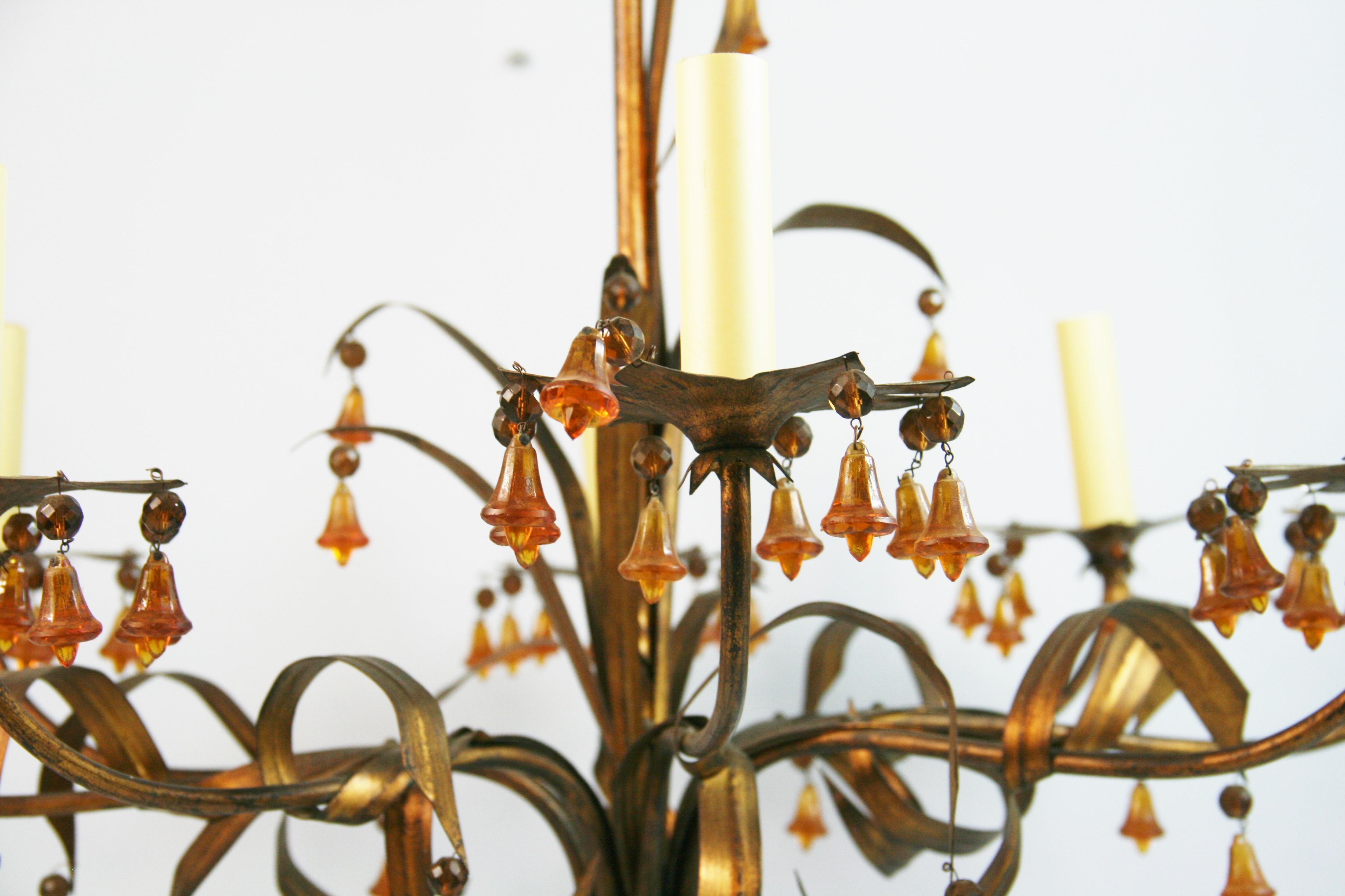 Italian Gilt Foliate  Metal   Chandelier with Murano Handmade  Amber Glass Bells For Sale 8