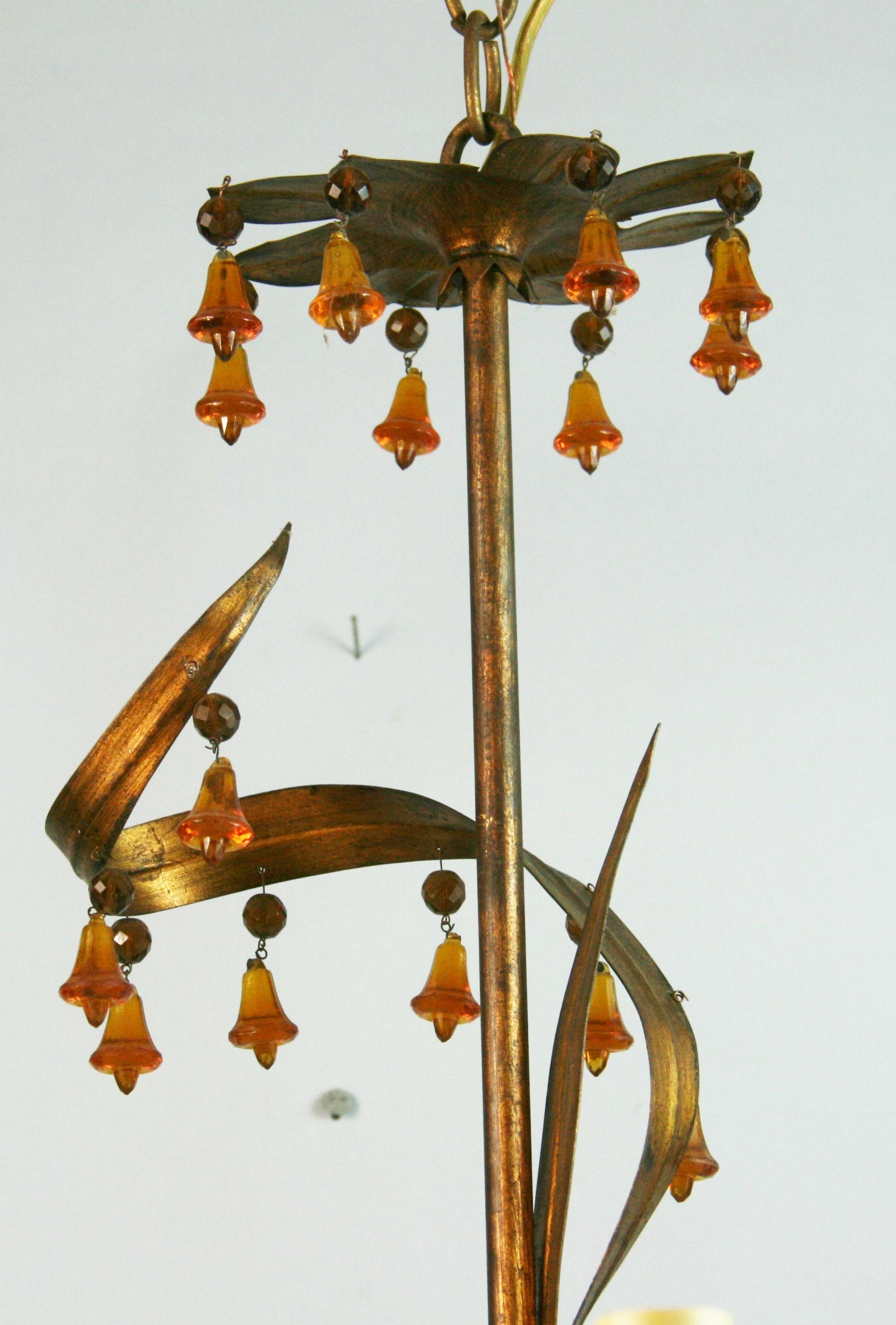 Italian Gilt Foliate  Metal   Chandelier with Murano Handmade  Amber Glass Bells For Sale 9