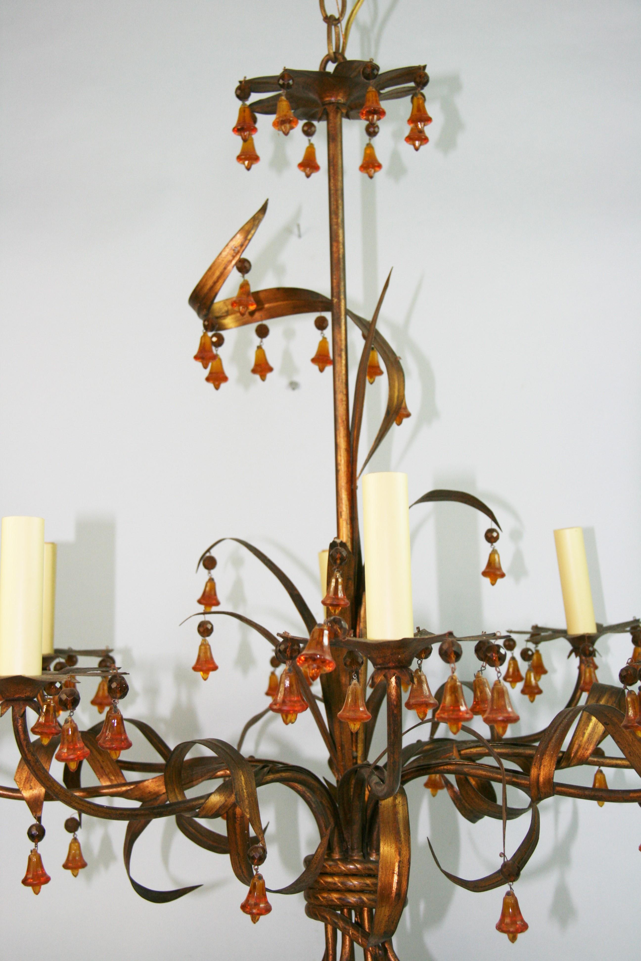 Italian Gilt Foliate  Metal   Chandelier with Murano Handmade  Amber Glass Bells For Sale 10