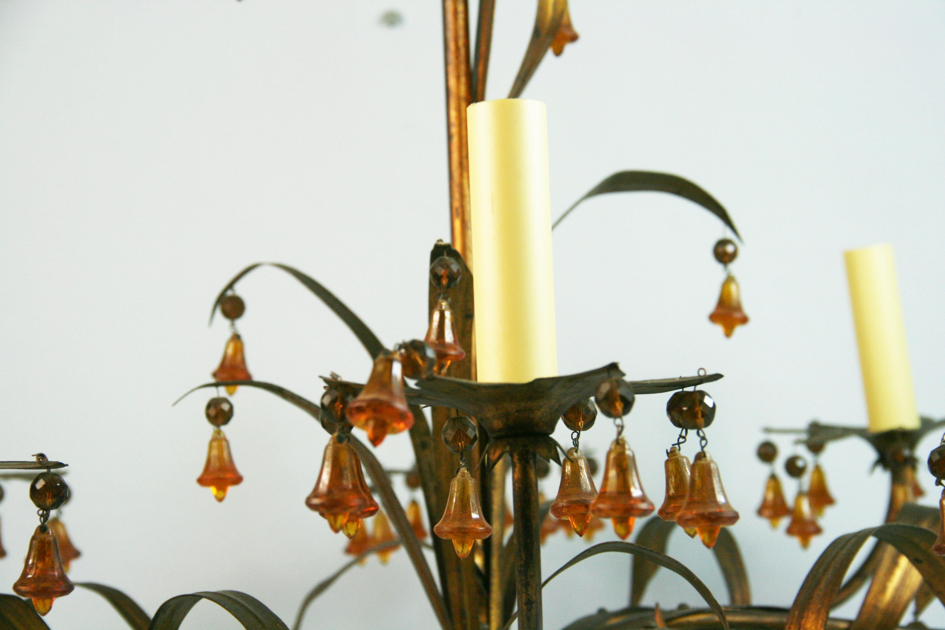 Italian Gilt Foliate  Metal   Chandelier with Murano Handmade  Amber Glass Bells For Sale 11