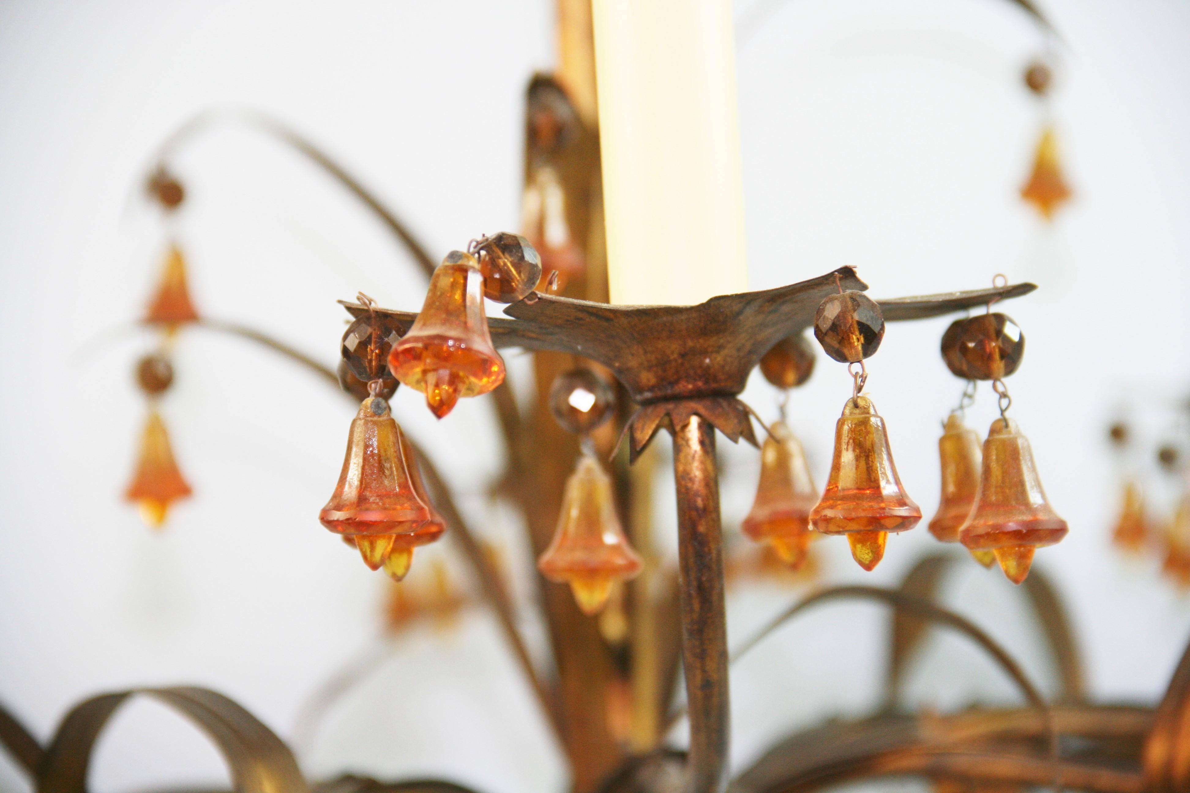 Italian Gilt Foliate  Metal   Chandelier with Murano Handmade  Amber Glass Bells For Sale 12