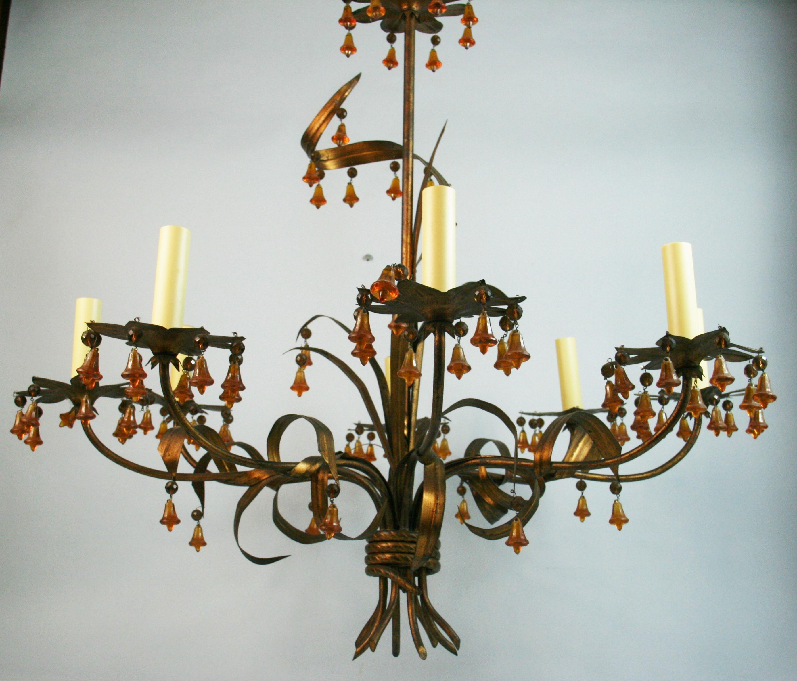 Italian Gilt Foliate  Metal   Chandelier with Murano Handmade  Amber Glass Bells For Sale 13