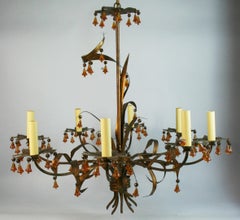 Antique Italian Gilt Foliate Chandelier with Murano Handmade  Amber Glass Bells