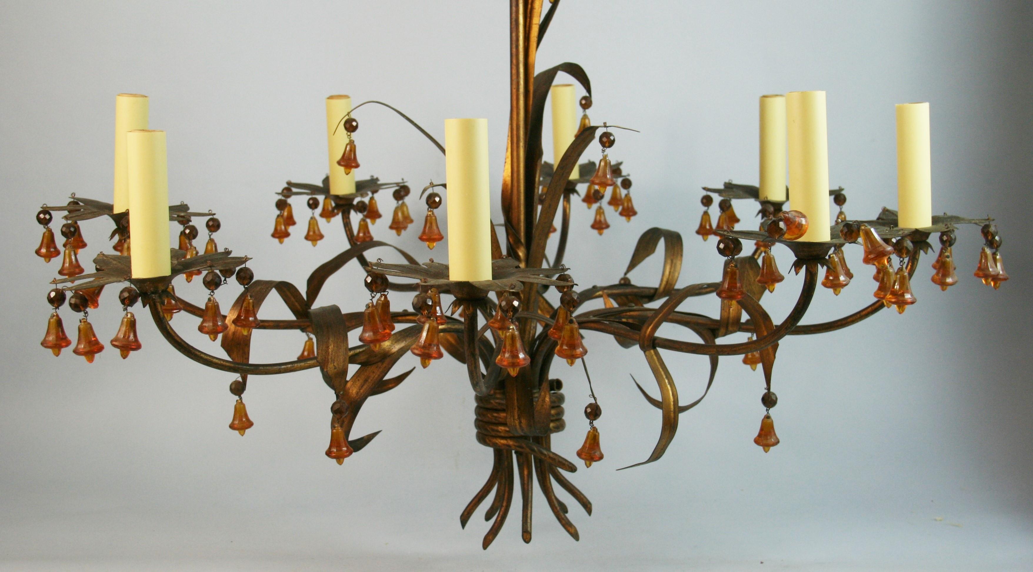 Italian Gilt Foliate  Metal   Chandelier with Murano Handmade  Amber Glass Bells In Good Condition For Sale In Douglas Manor, NY