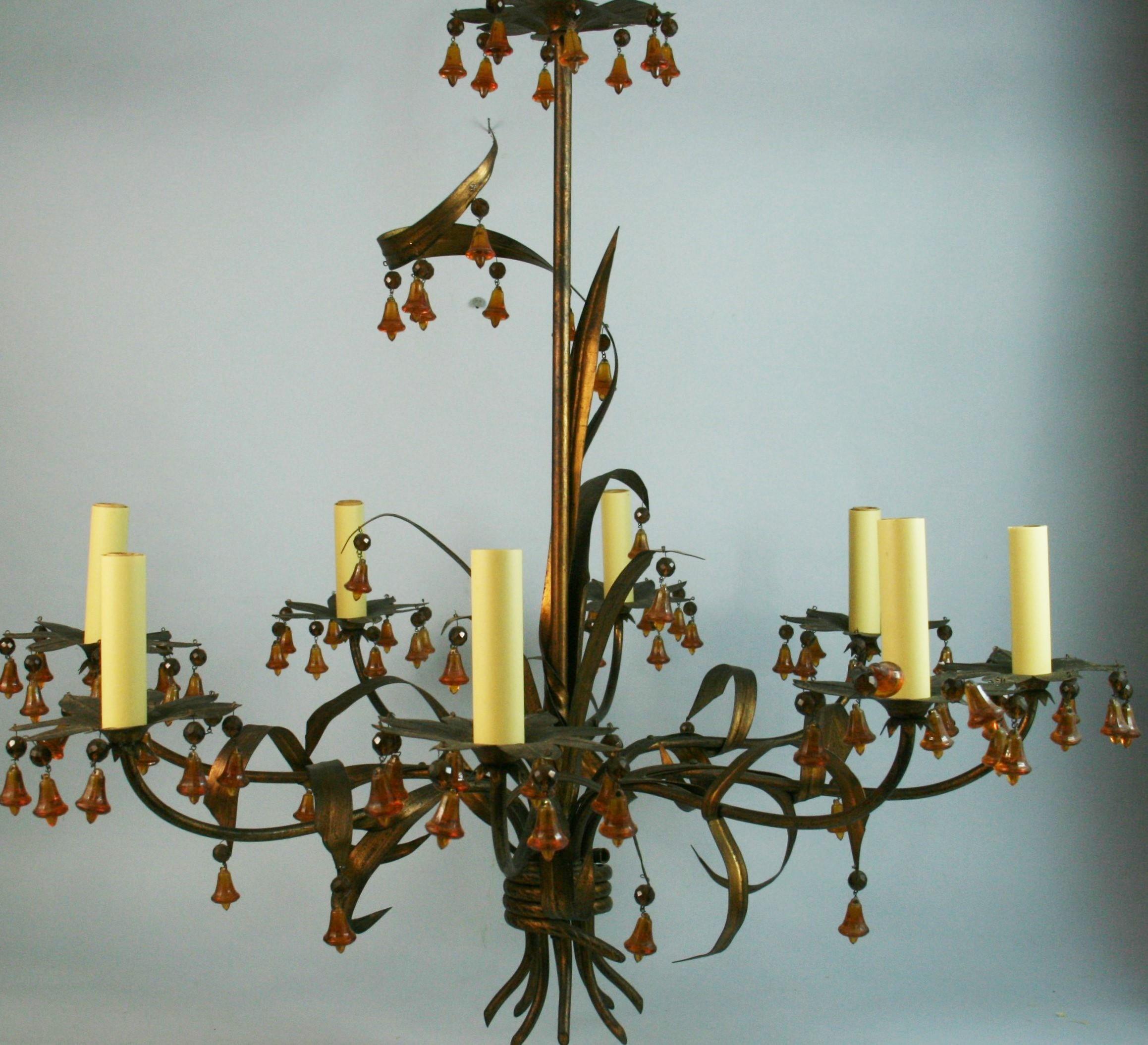 Mid-20th Century Italian Gilt Foliate  Metal   Chandelier with Murano Handmade  Amber Glass Bells For Sale