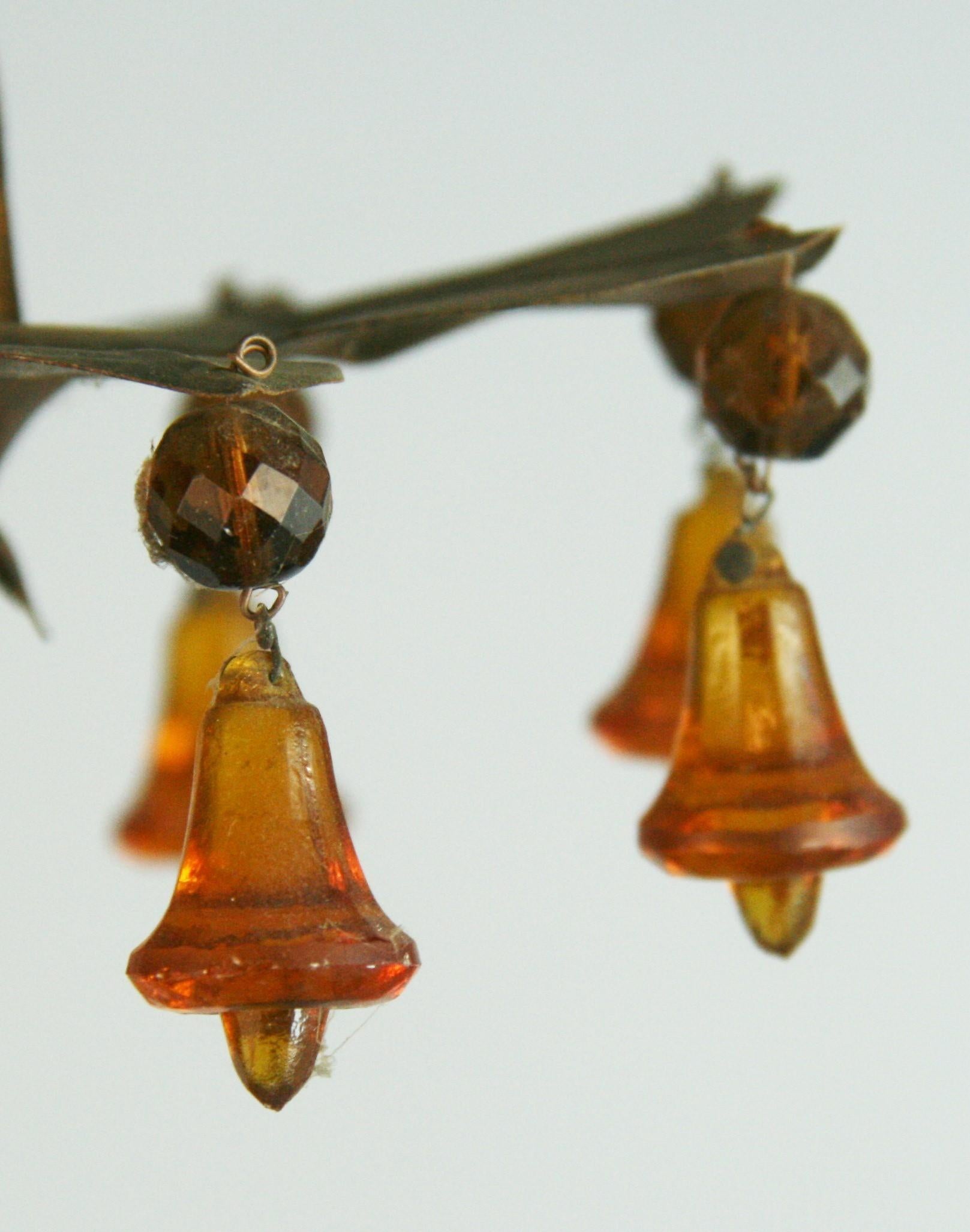 Italian Gilt Foliate  Metal   Chandelier with Murano Handmade  Amber Glass Bells For Sale 2