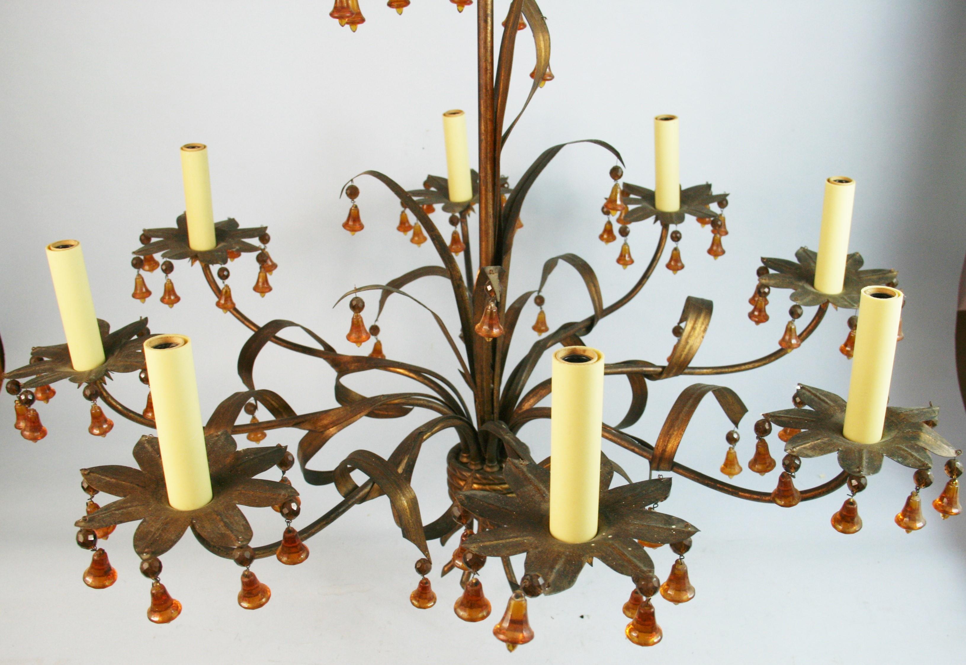 Italian Gilt Foliate  Metal   Chandelier with Murano Handmade  Amber Glass Bells For Sale 3