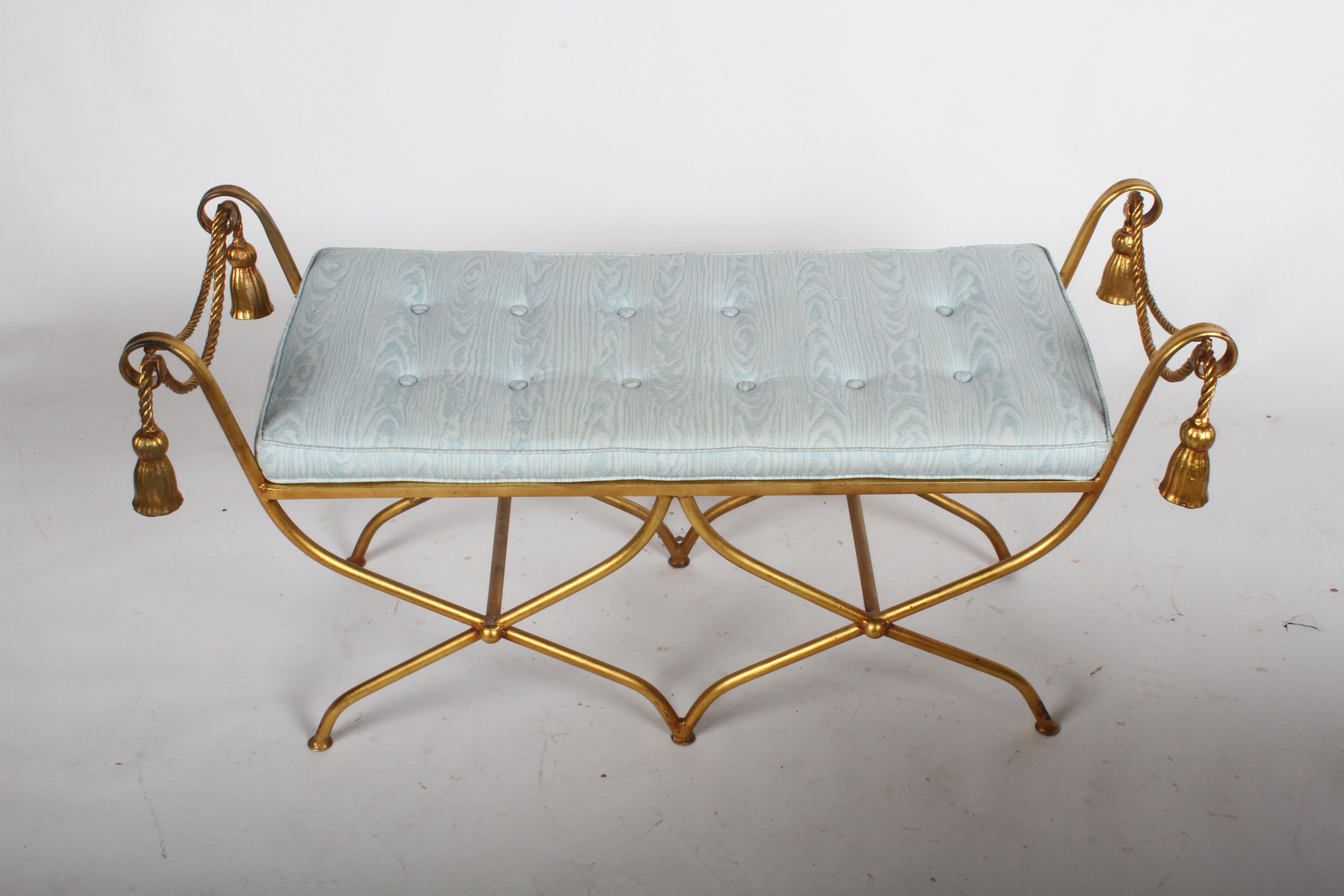 Gilt Italian tassel and rope bench with double X form legs, circa 1970s. In very nice condition, with minor loss of gilding. Cushion should be re-upholstered, missing one button, foam is fine.