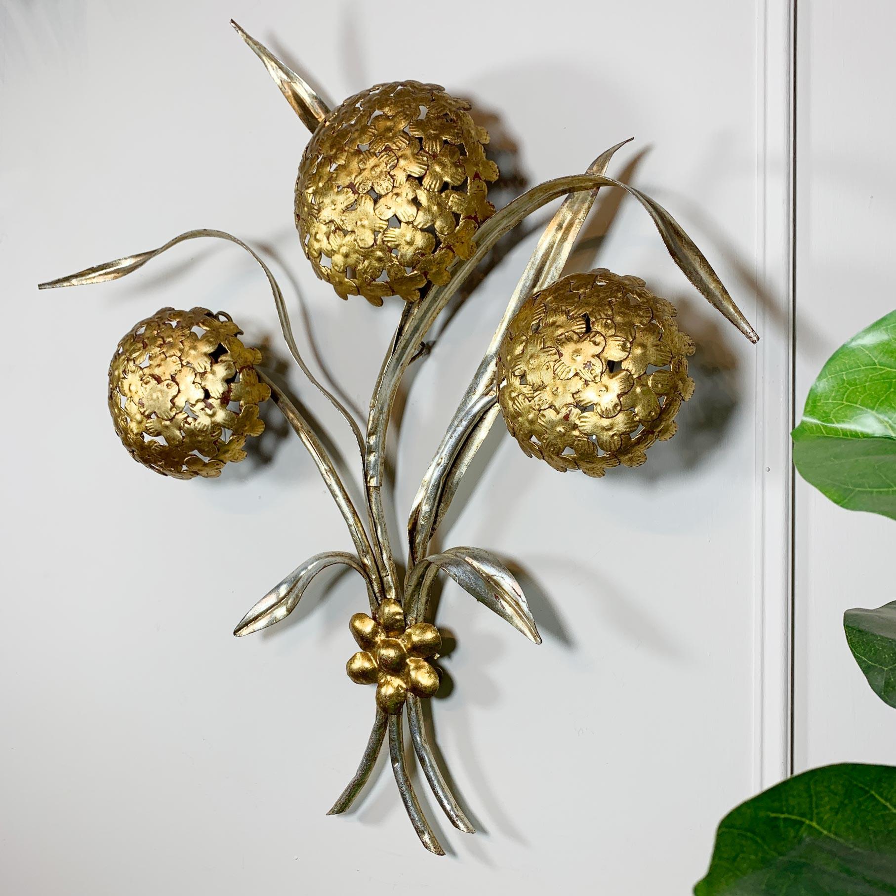 Metal Italian Gold and Silver Hydrangea Wall Light For Sale
