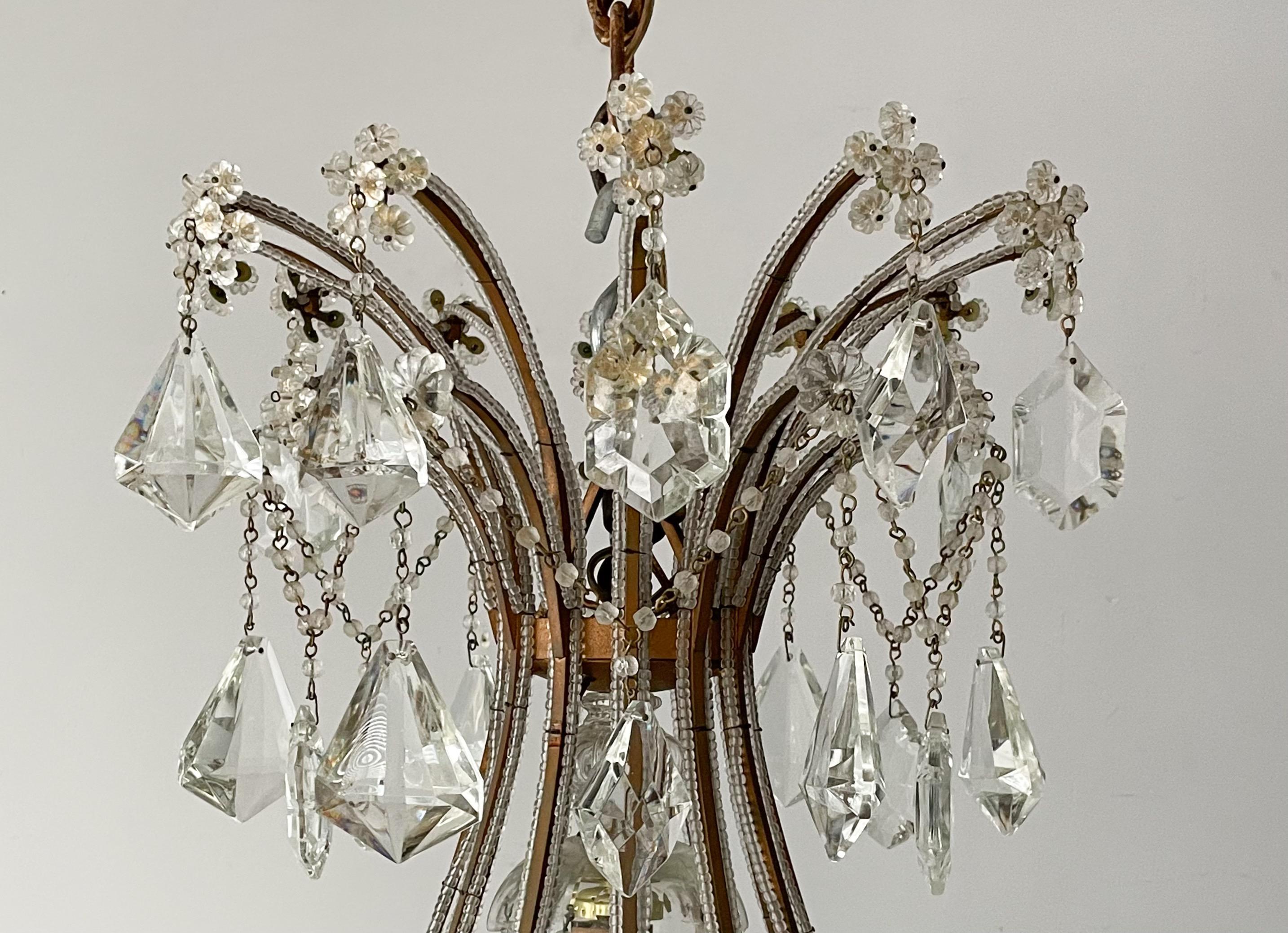 Louis XVI Italian Gilt-Iron and Crystal Beaded Chandelier For Sale