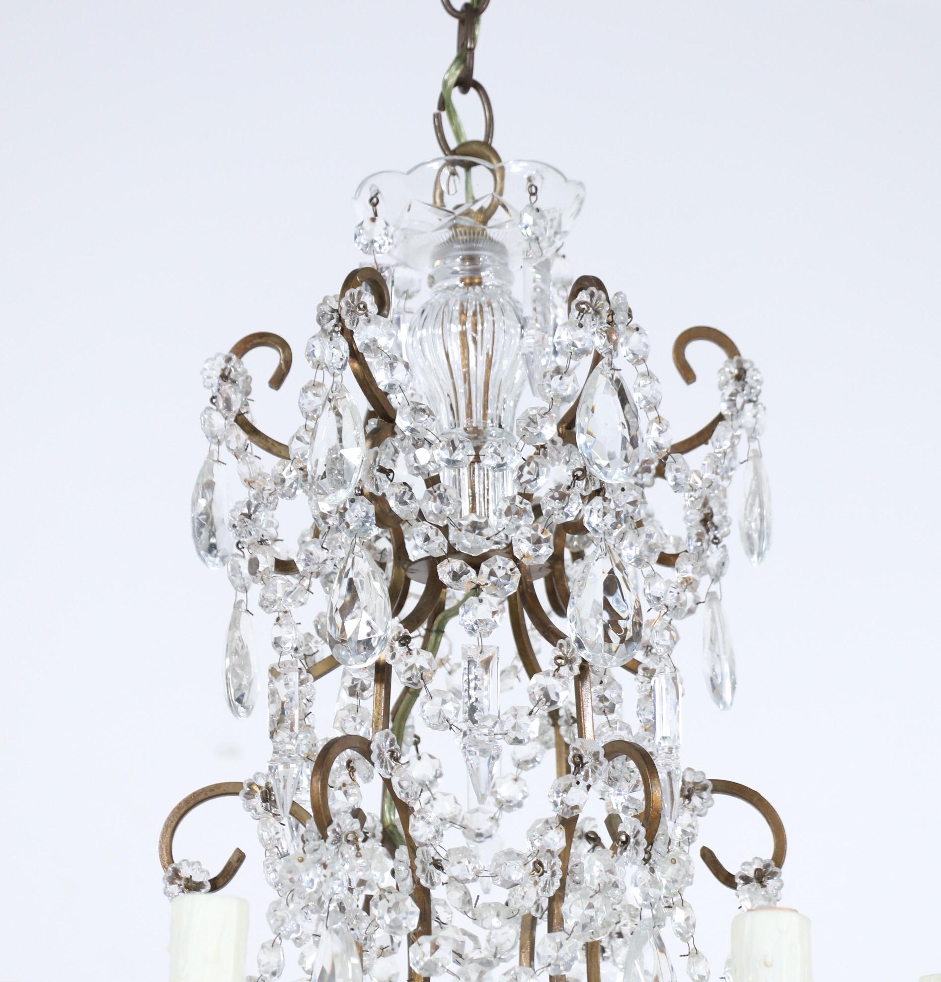 Italian Gilt Iron and Crystal Beaded Chandelier In Good Condition In Los Angeles, CA