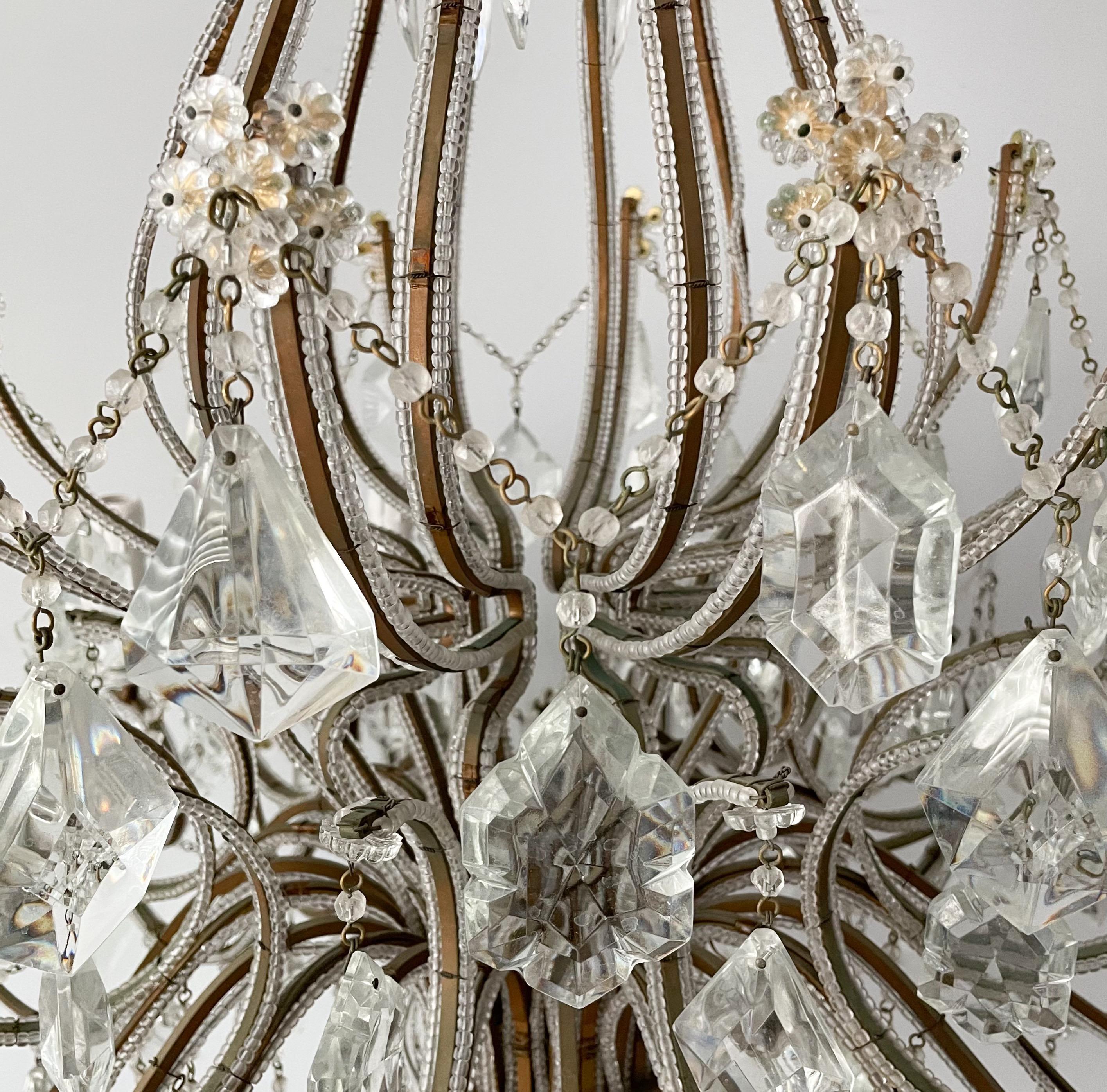 Italian Gilt-Iron and Crystal Beaded Chandelier In Good Condition For Sale In Los Angeles, CA