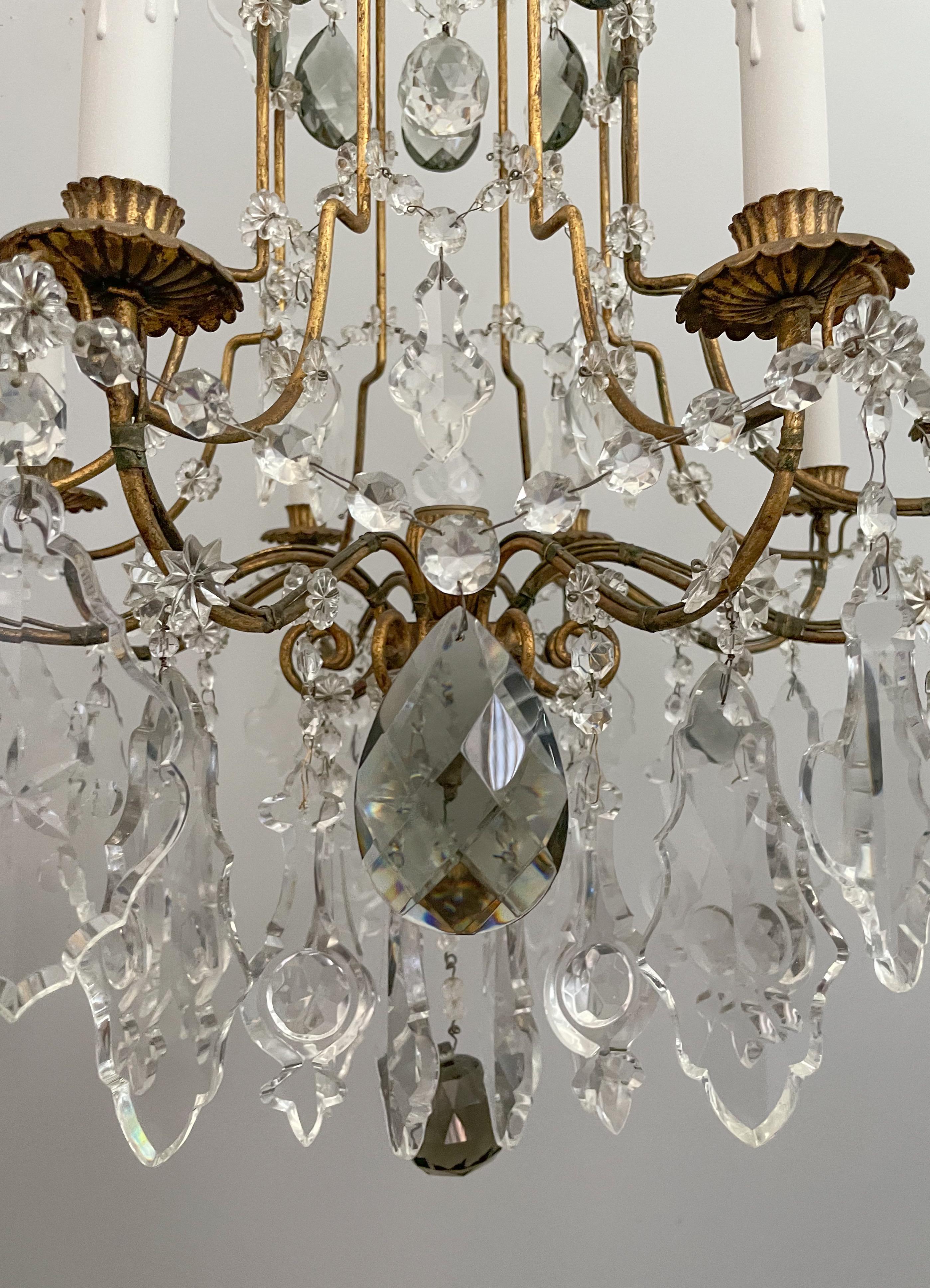 Italian Gilt Iron and Crystal Beaded Chandelier In Good Condition In Los Angeles, CA