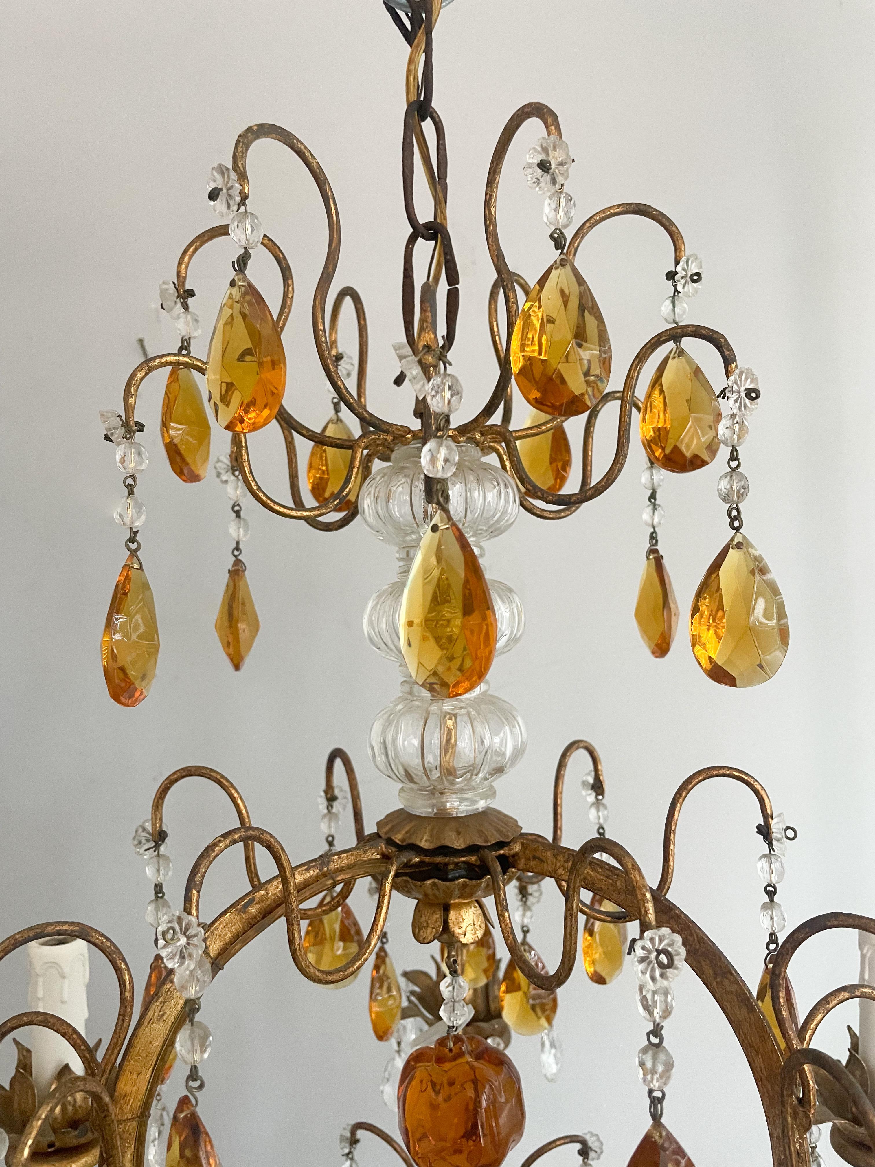 Louis XVI Italian Gilt Iron And Crystal Beaded Chandelier With Amber Glass Prisms  For Sale