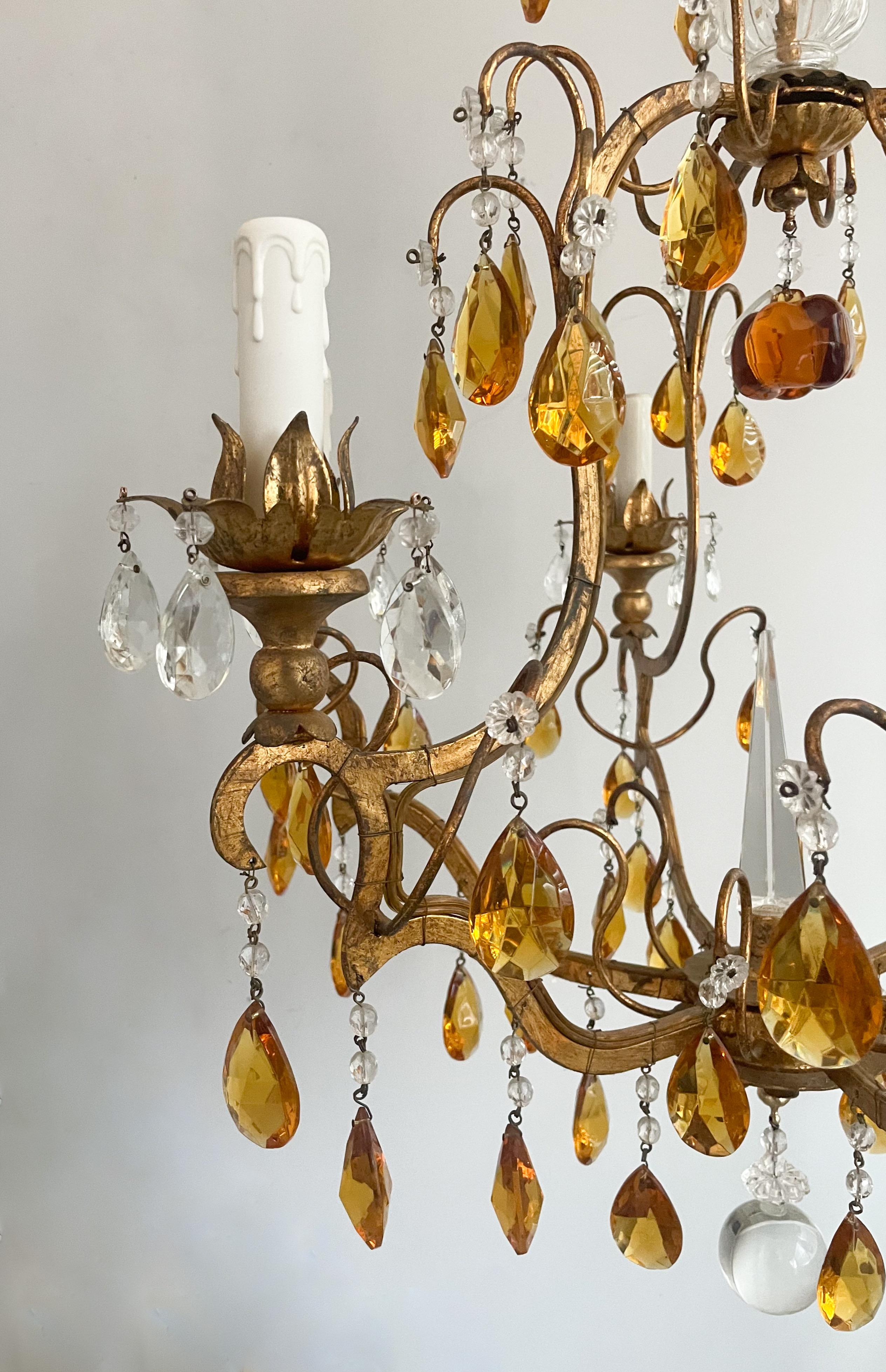 Italian Gilt Iron And Crystal Beaded Chandelier With Amber Glass Prisms  In Good Condition For Sale In Los Angeles, CA