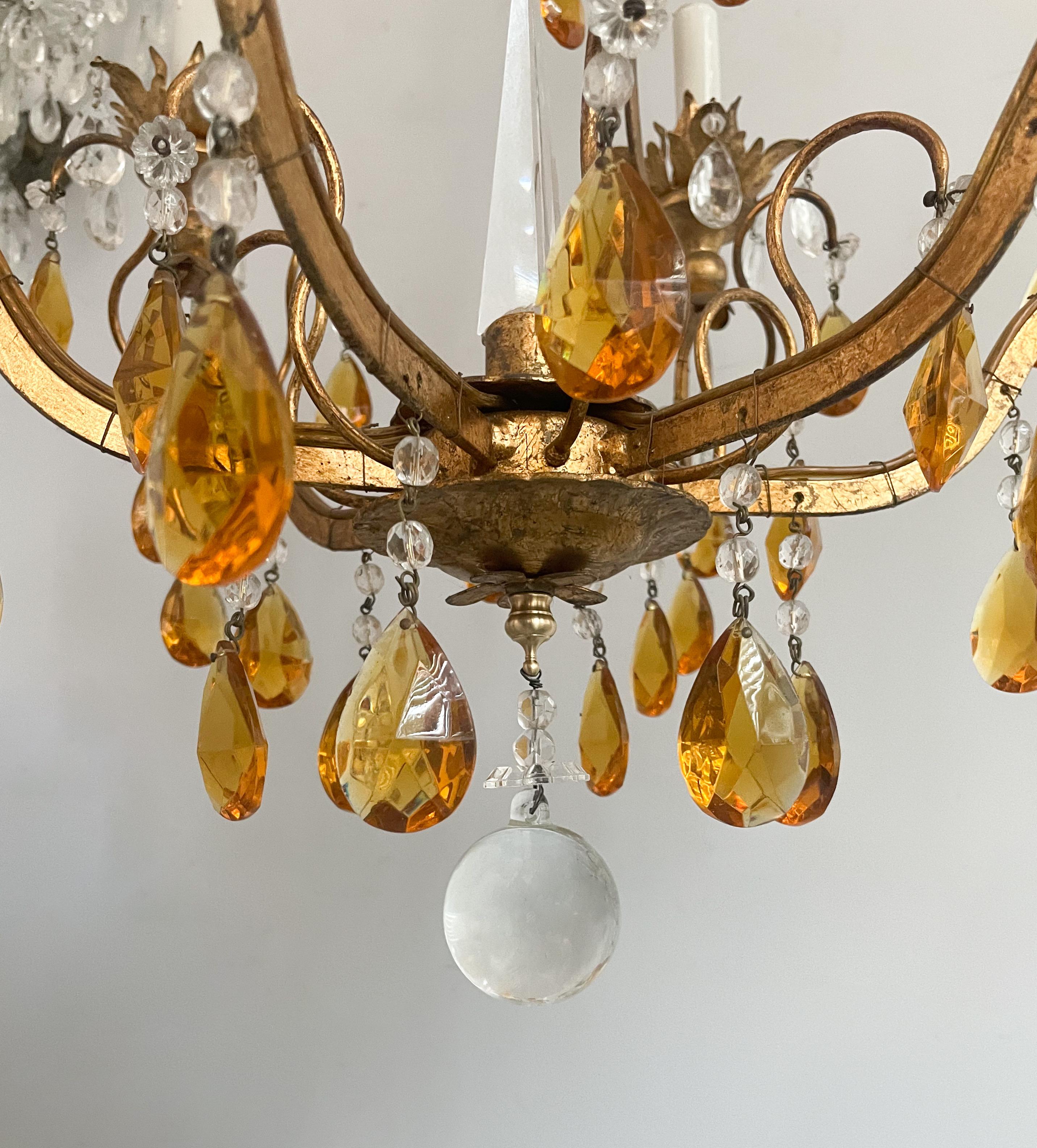 Italian Gilt Iron And Crystal Beaded Chandelier With Amber Glass Prisms  For Sale 1