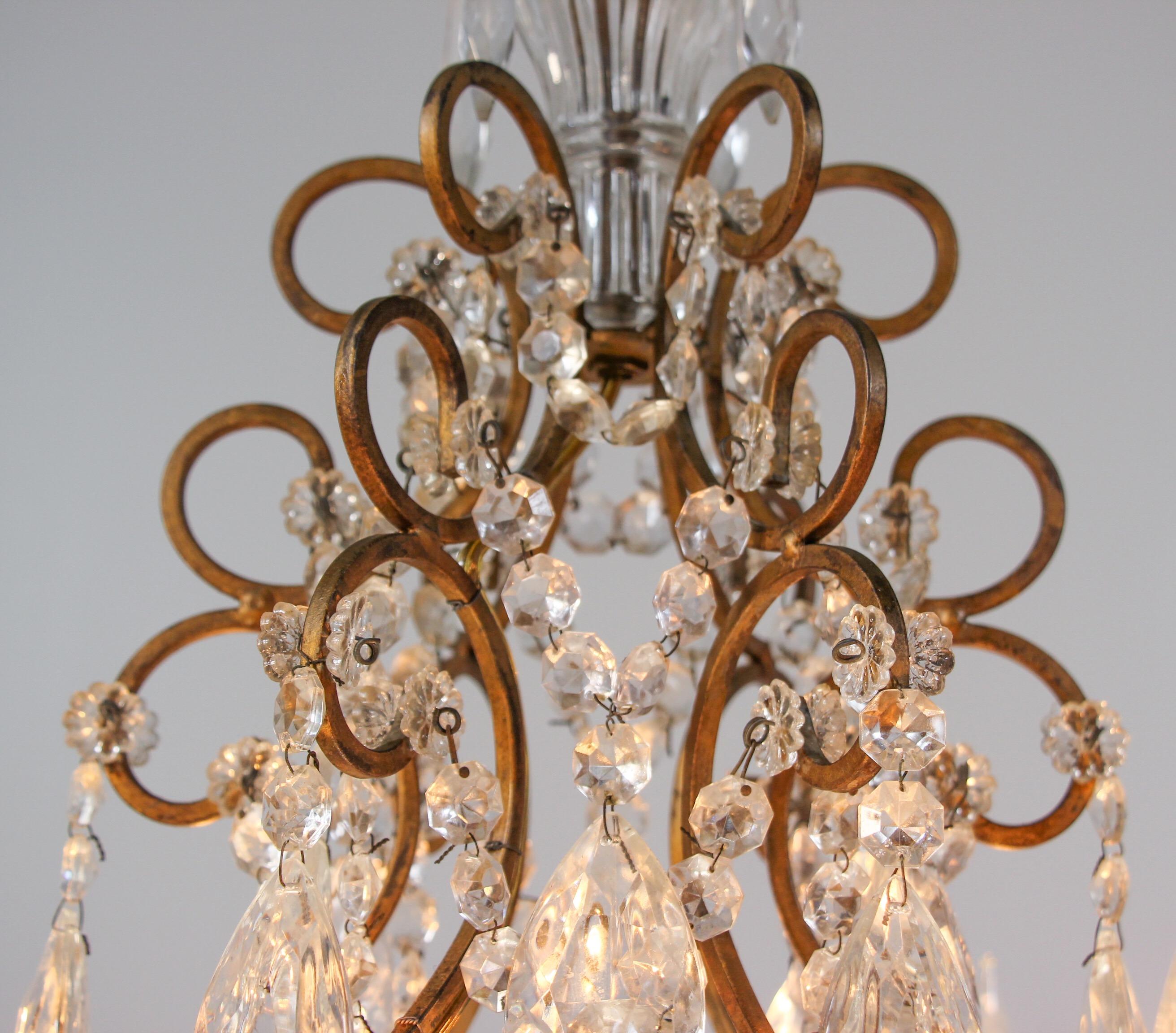 Italian Gilt Iron and Crystal Chandelier In Good Condition In Los Angeles, CA