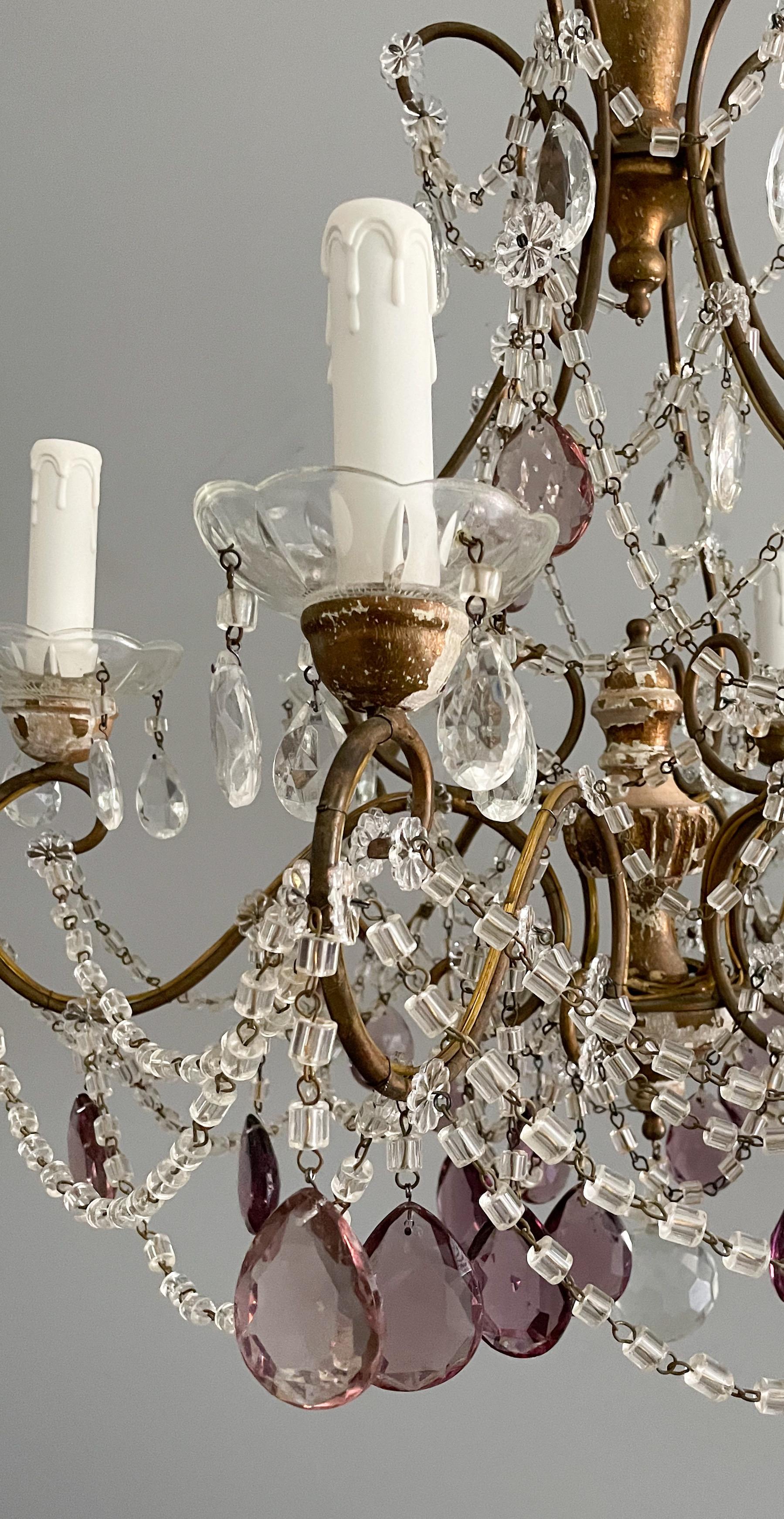 Italian Gilt Iron and Crystal Chandelier with Amethyst Prisms In Good Condition In Los Angeles, CA
