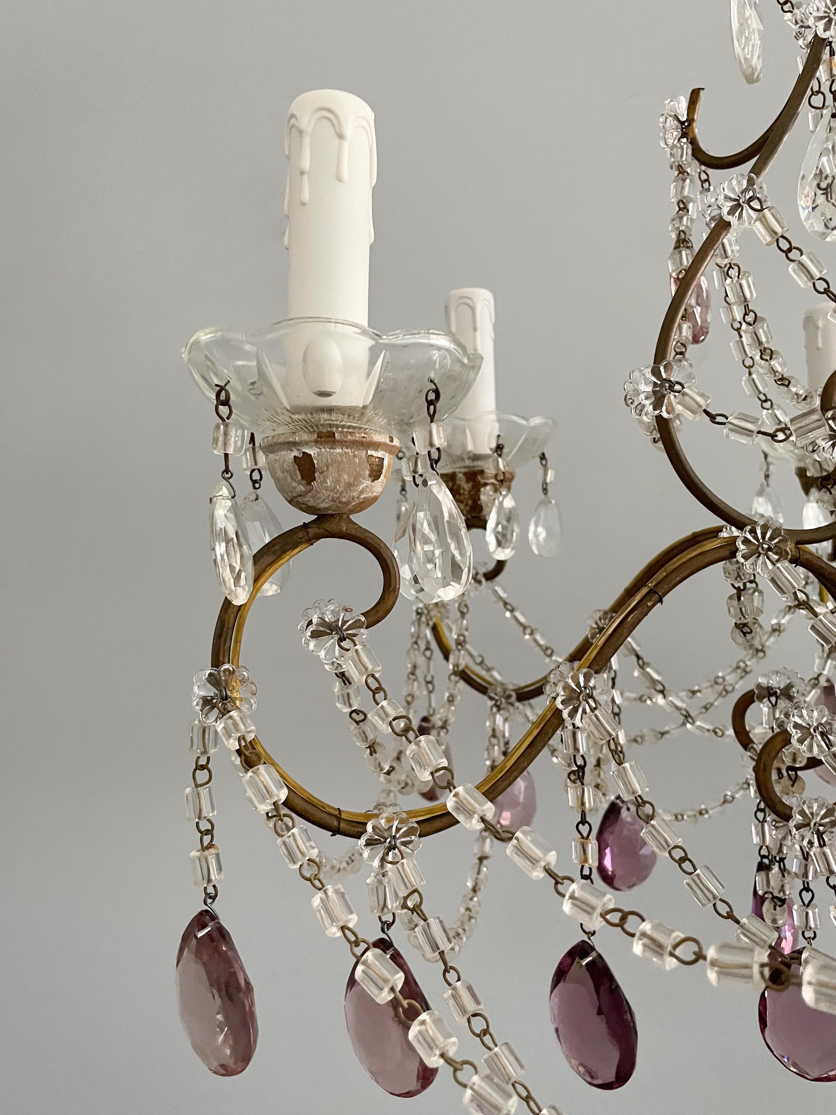 Early 20th Century Italian Gilt Iron and Crystal Chandelier with Amethyst Prisms
