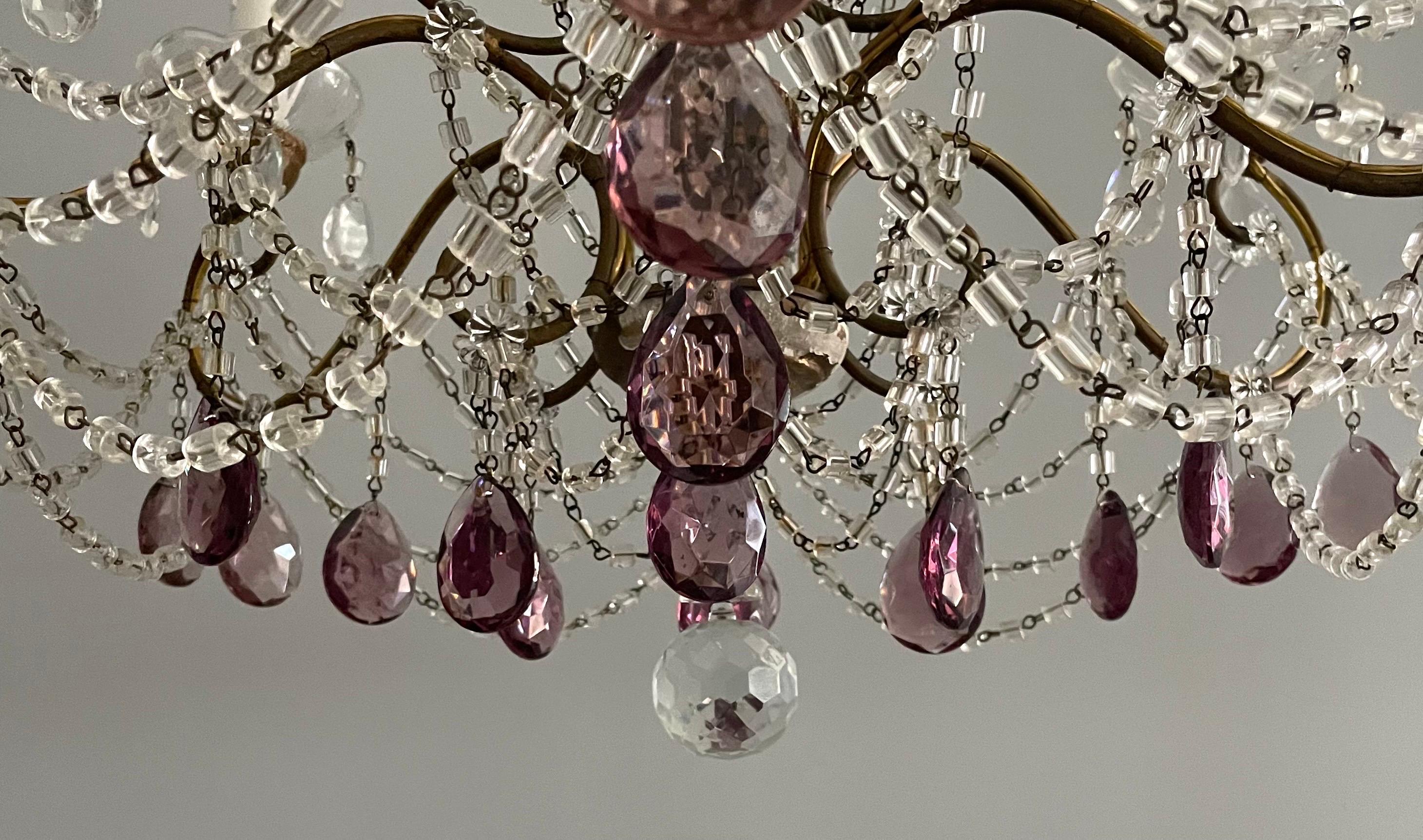 Italian Gilt Iron and Crystal Chandelier with Amethyst Prisms 1