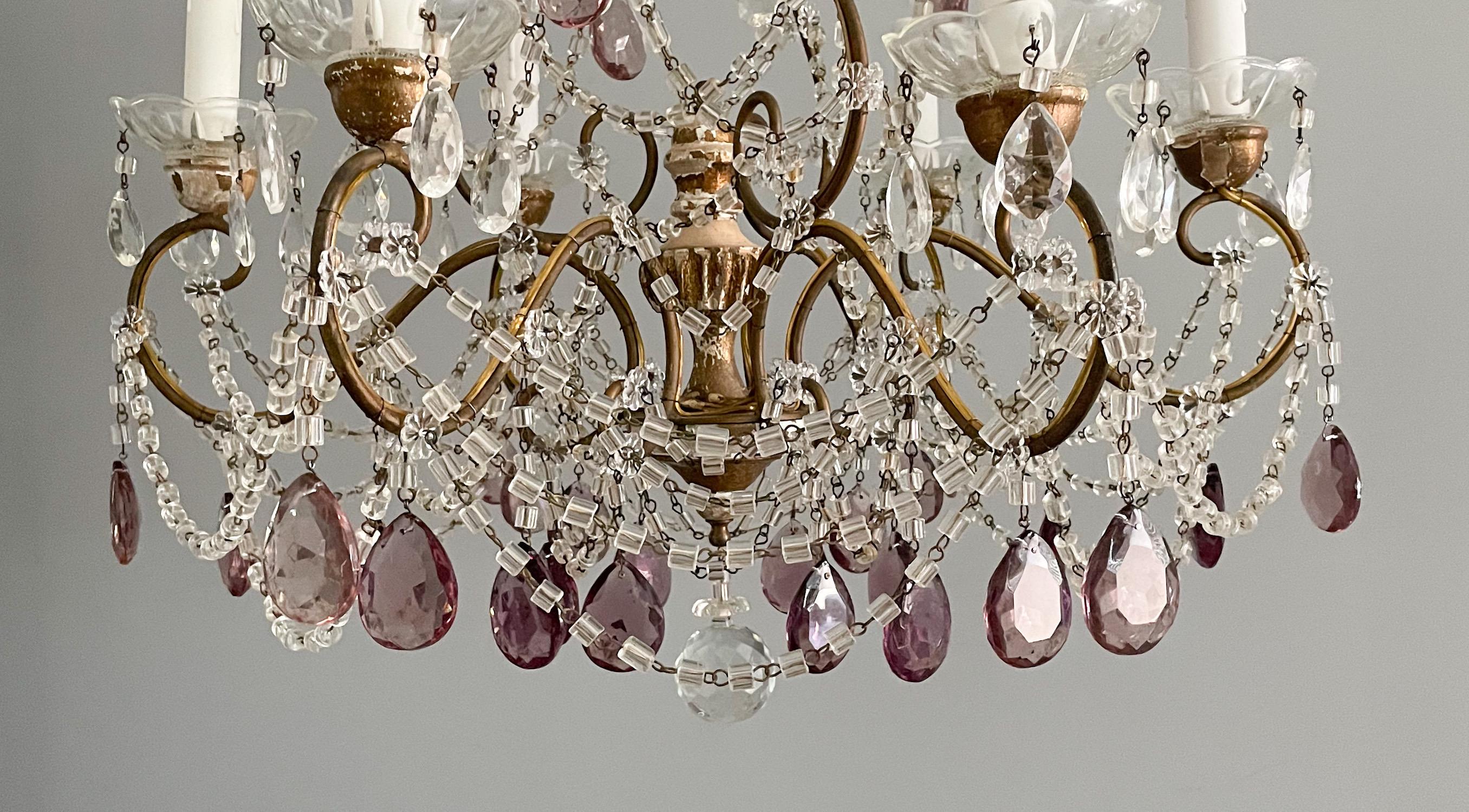 Italian Gilt Iron and Crystal Chandelier with Amethyst Prisms 2