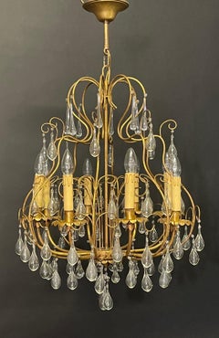 Italian Gilt Iron and Murano Tear Drop Chandelier, circa 1960s