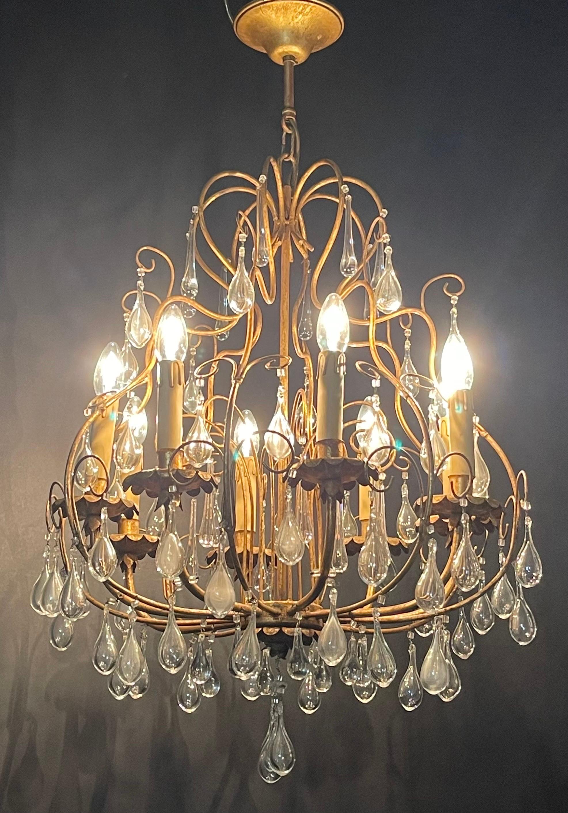 Italian Gilt Iron and Murano Tear Drop Chandelier, circa 1960s In Excellent Condition For Sale In Wiesbaden, Hessen