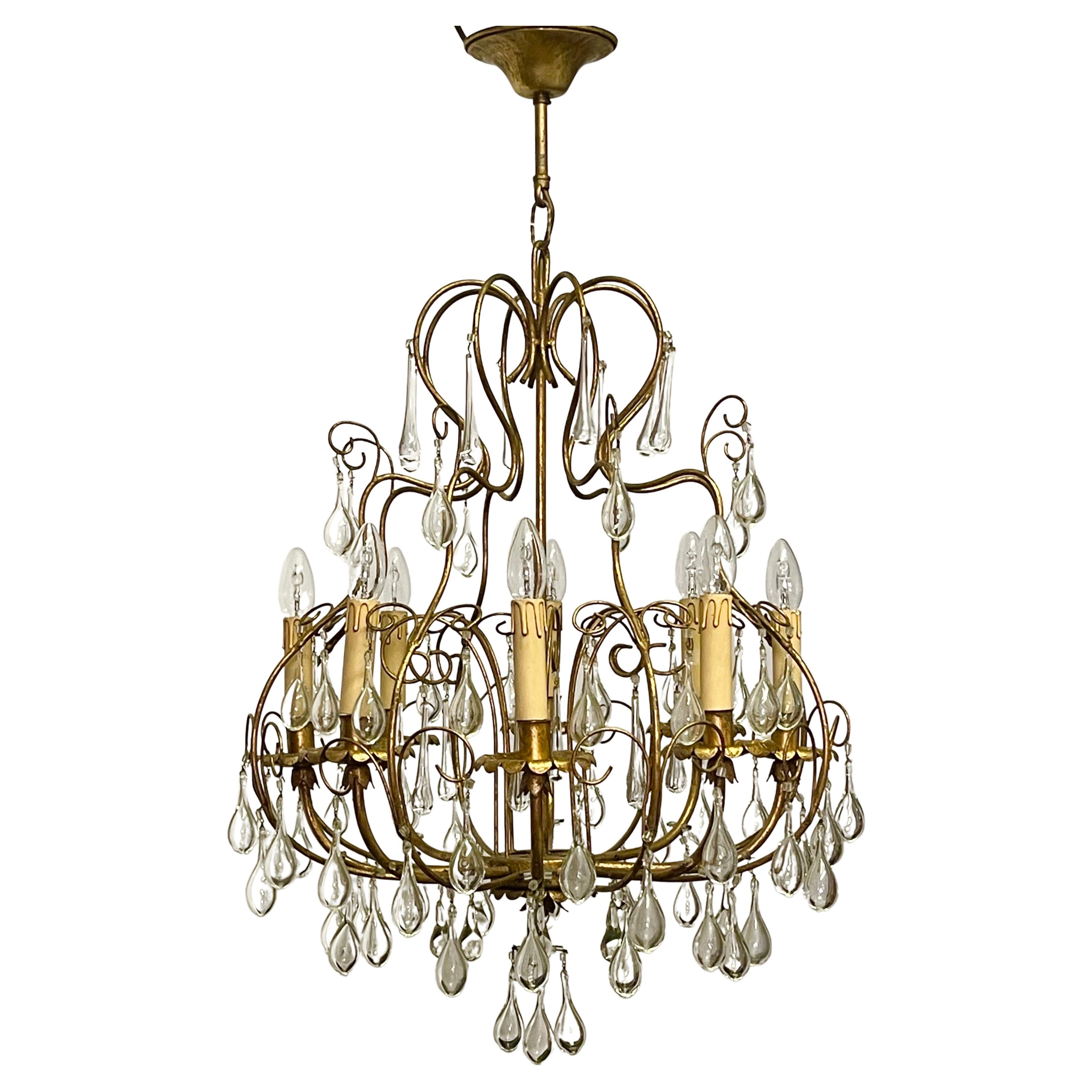 Lustre italien en fer doré et en forme de goutte d'eau de Murano, années 1960 en vente