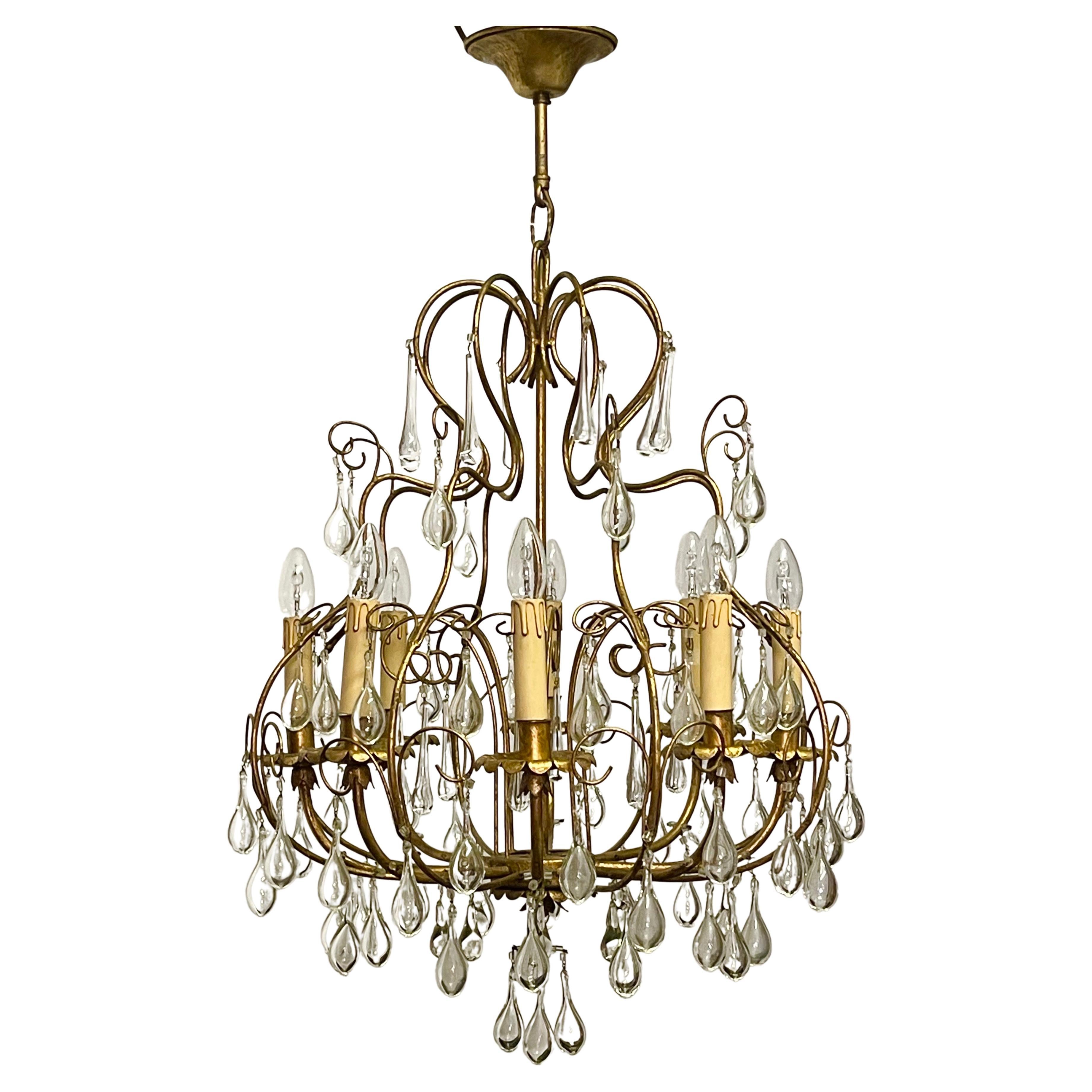 Italian Gilt Iron and Murano Tear Drop Chandelier, circa 1960s For Sale