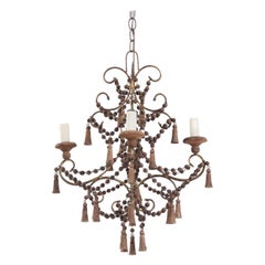 Retro Italian Gilt Iron and Wood Beaded Chandelier