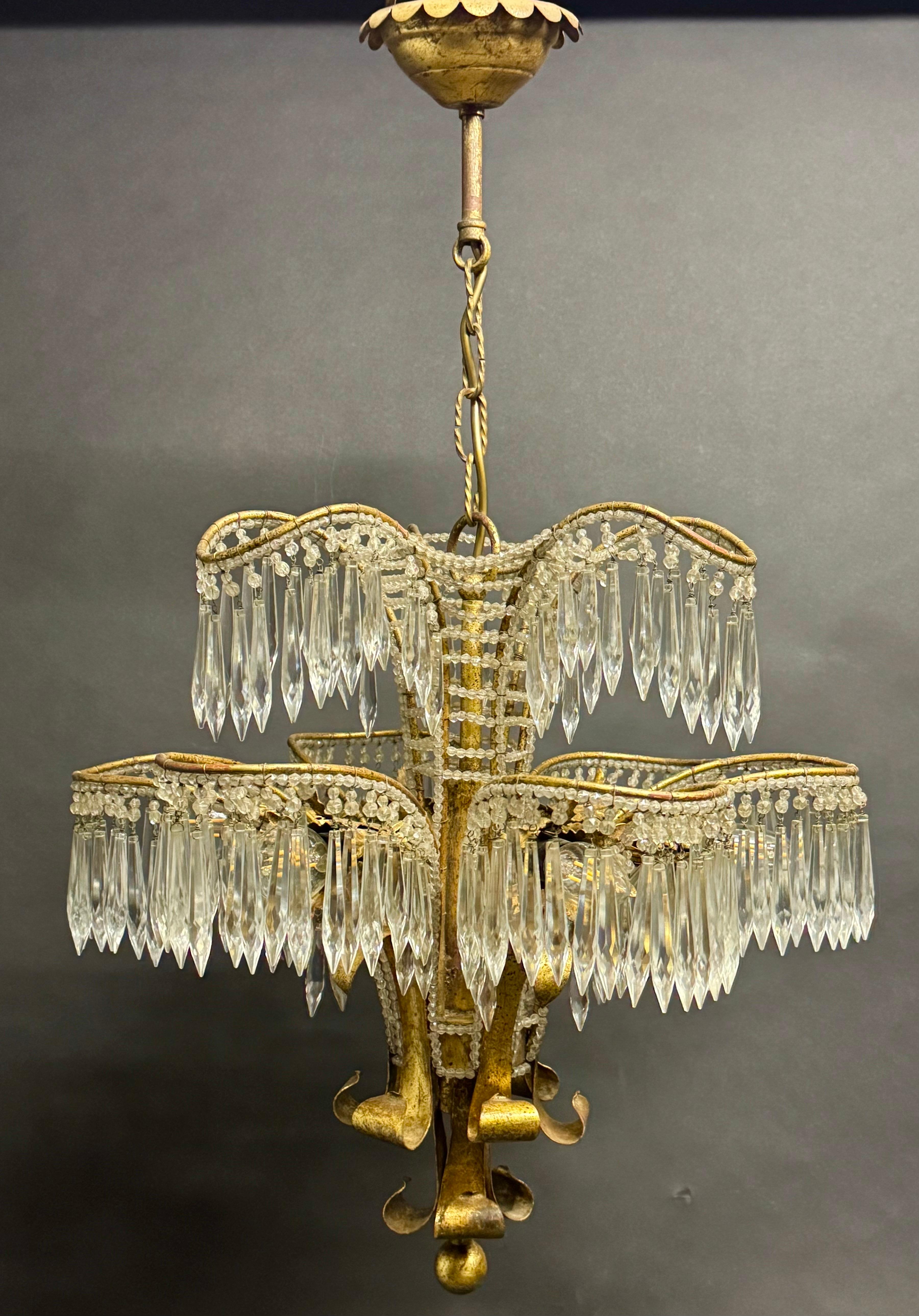 Italian Gilt Iron Beaded and Crystal Palm Tree Chandelier, circa 1970s For Sale 5