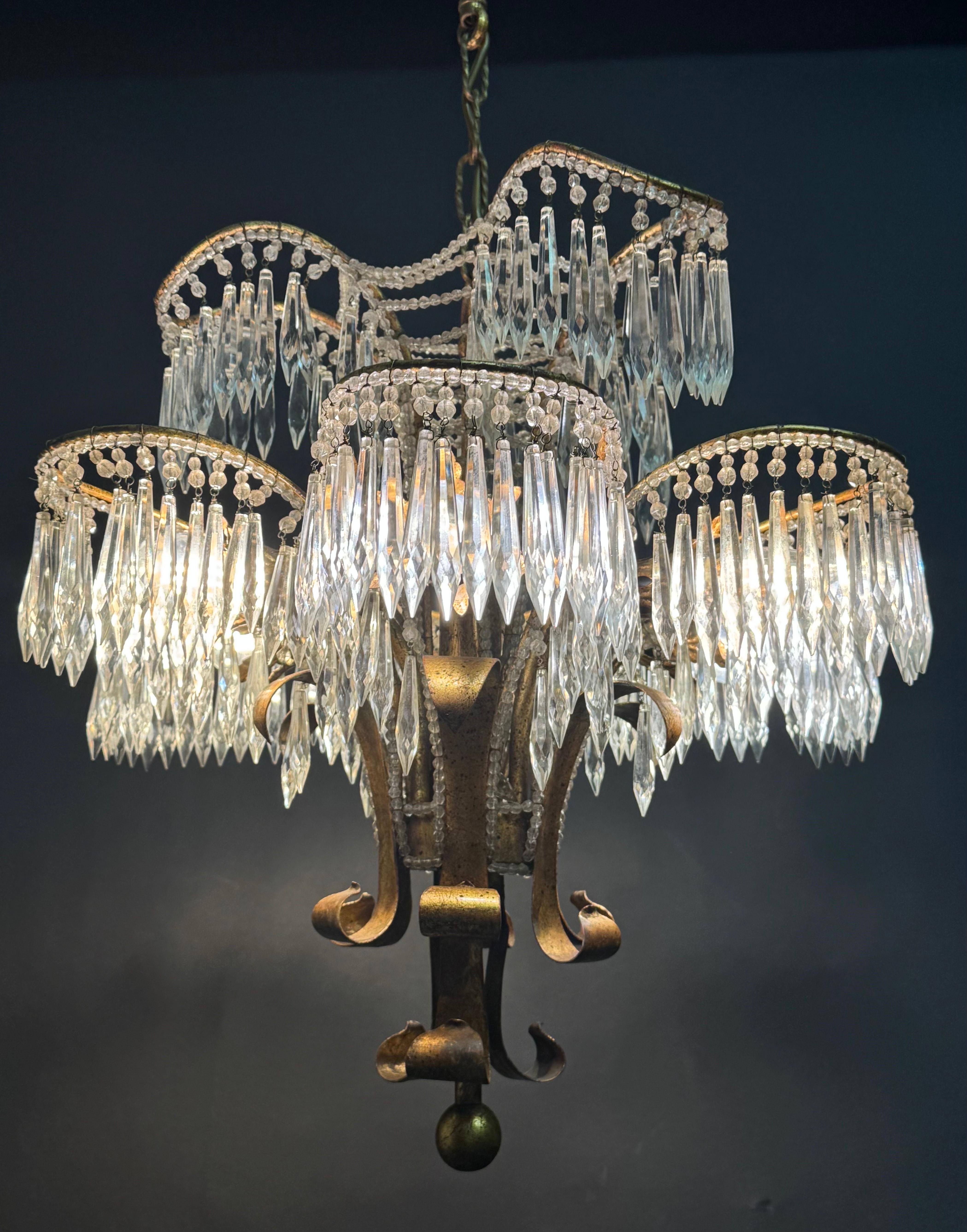 Italian Gilt Iron Beaded and Crystal Palm Tree Chandelier, circa 1970s For Sale 7