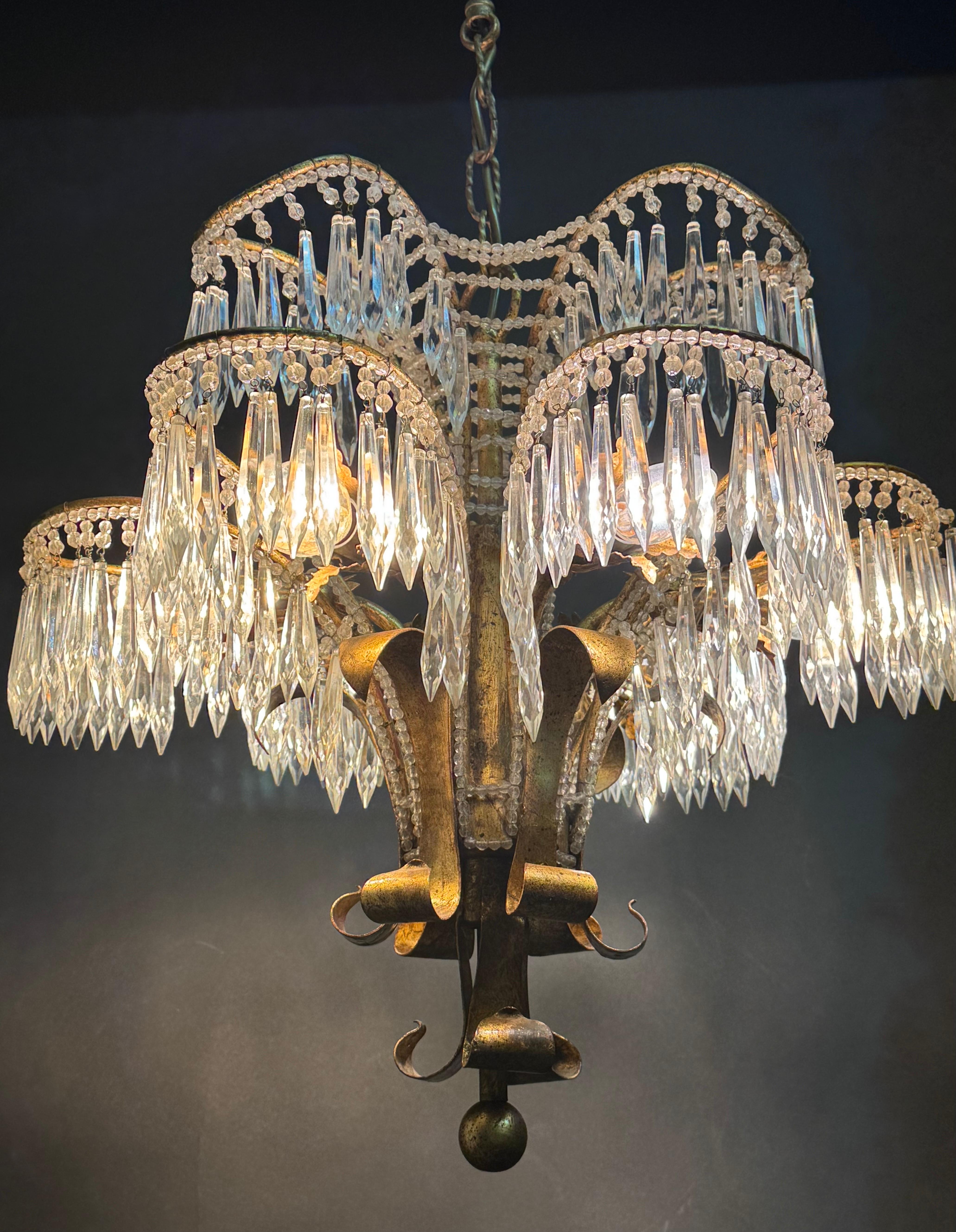 Mid-Century Modern Italian Gilt Iron Beaded and Crystal Palm Tree Chandelier, circa 1970s For Sale