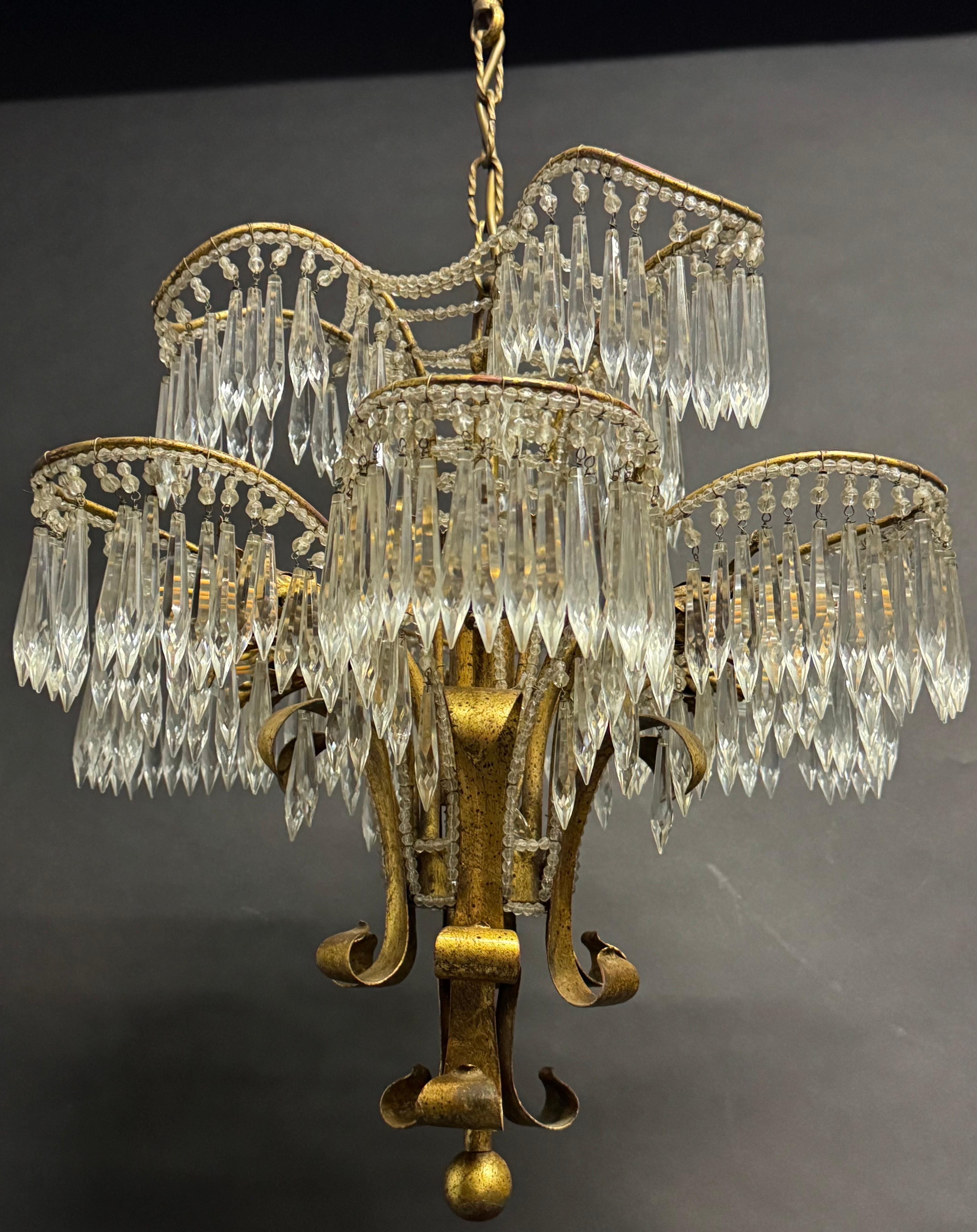 Italian Gilt Iron Beaded and Crystal Palm Tree Chandelier, circa 1970s In Excellent Condition For Sale In Wiesbaden, Hessen