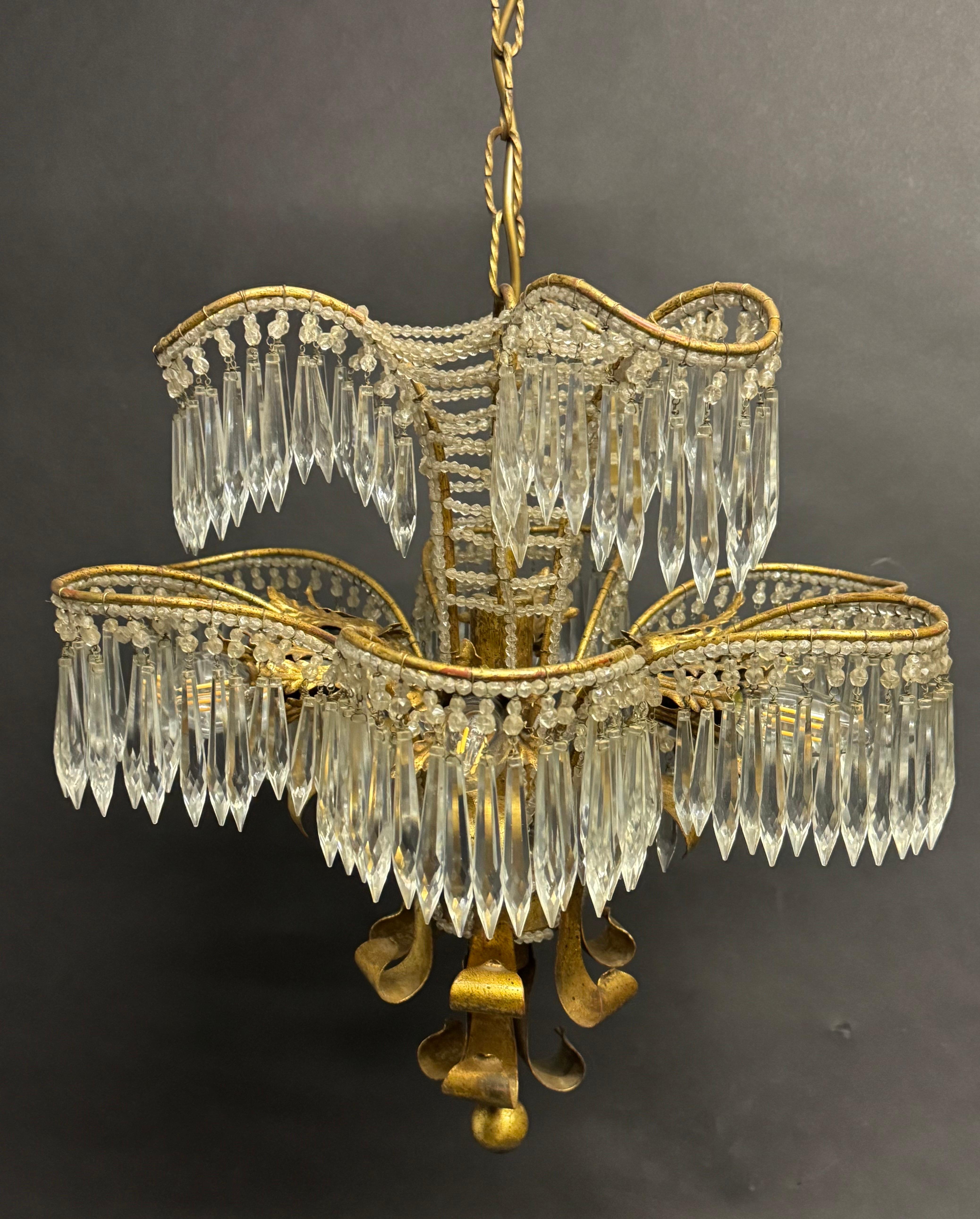 Late 20th Century Italian Gilt Iron Beaded and Crystal Palm Tree Chandelier, circa 1970s For Sale