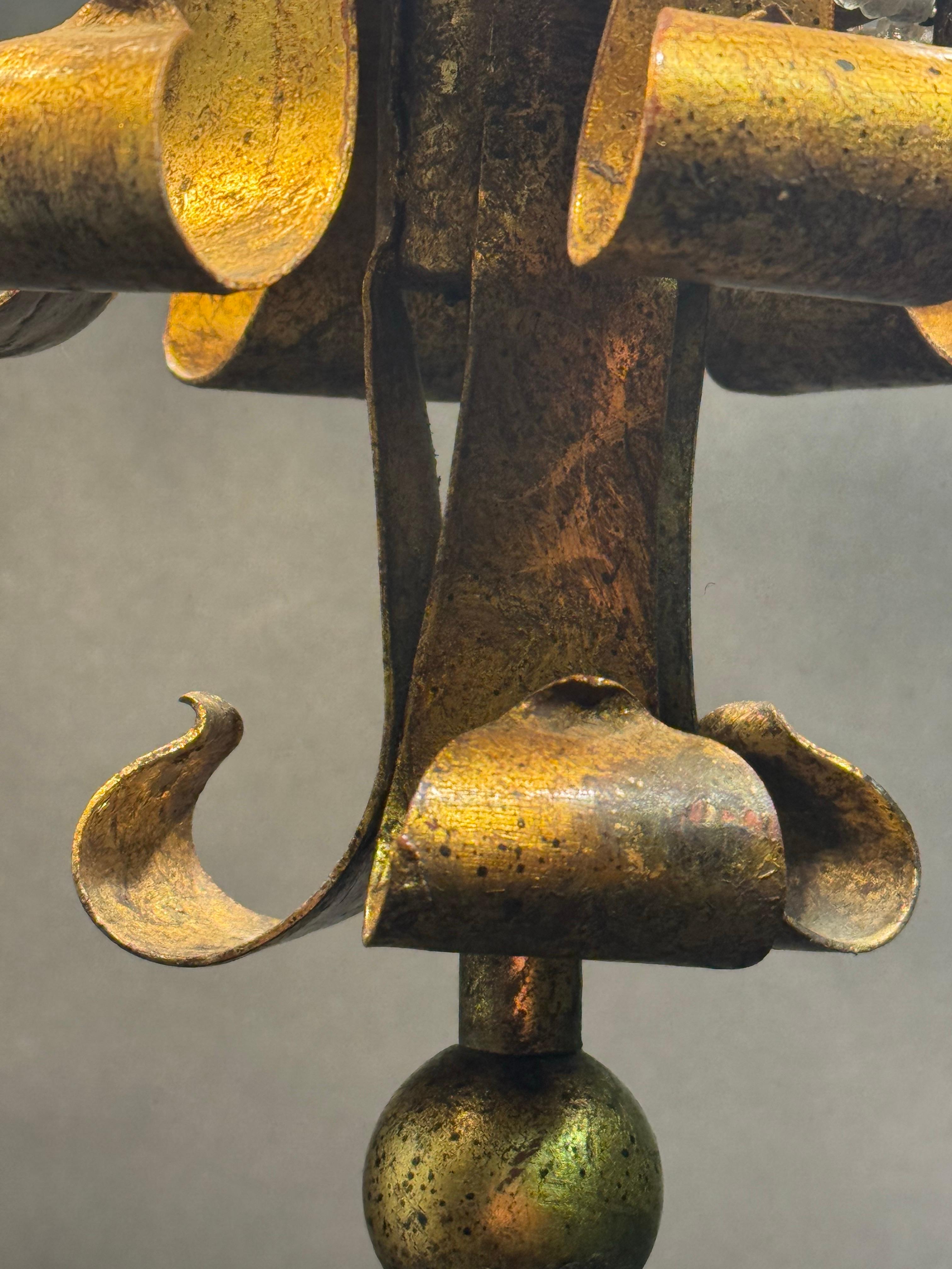Italian Gilt Iron Beaded and Crystal Palm Tree Chandelier, circa 1970s For Sale 1