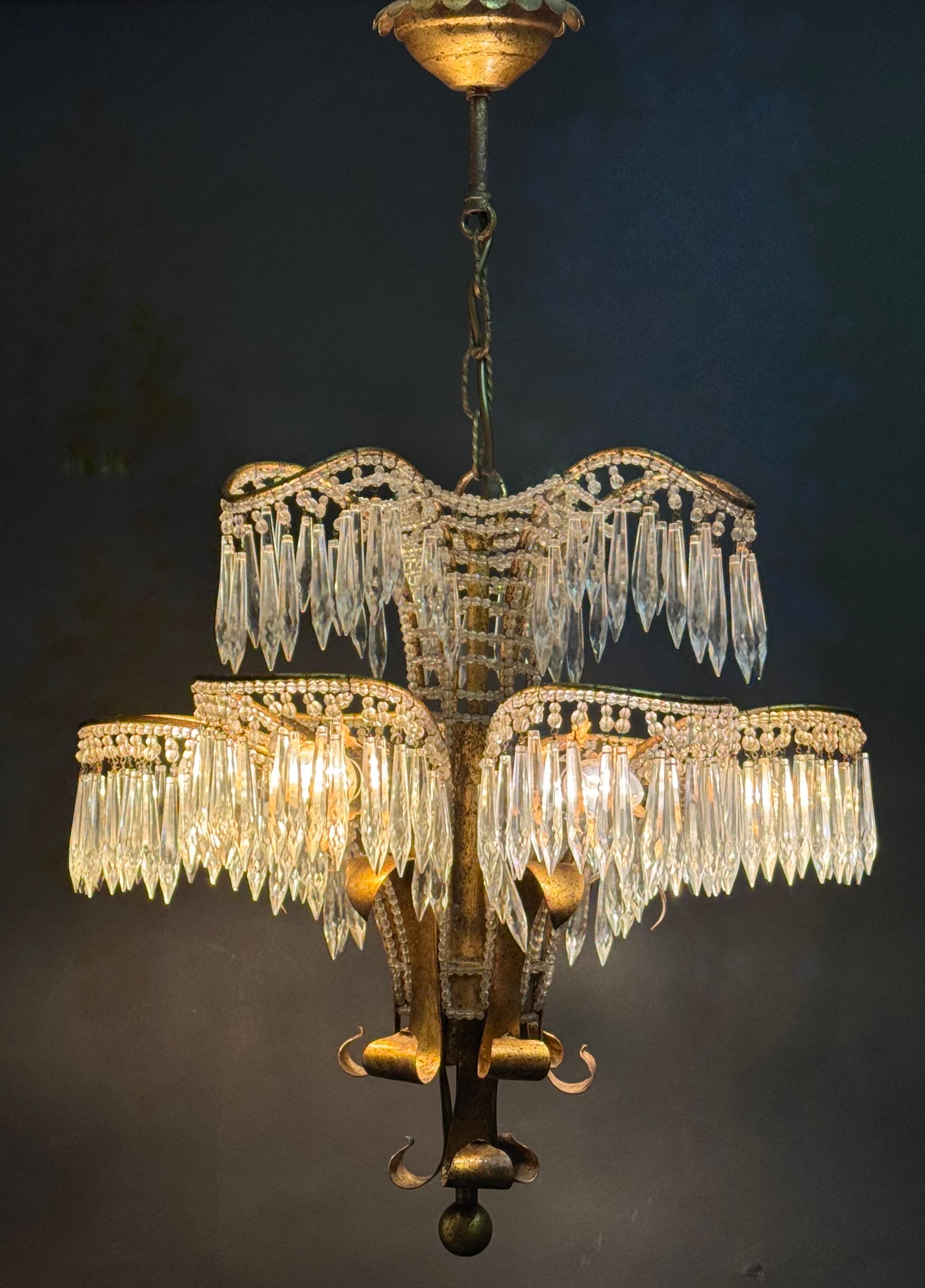 Italian Gilt Iron Beaded and Crystal Palm Tree Chandelier, circa 1970s For Sale 2