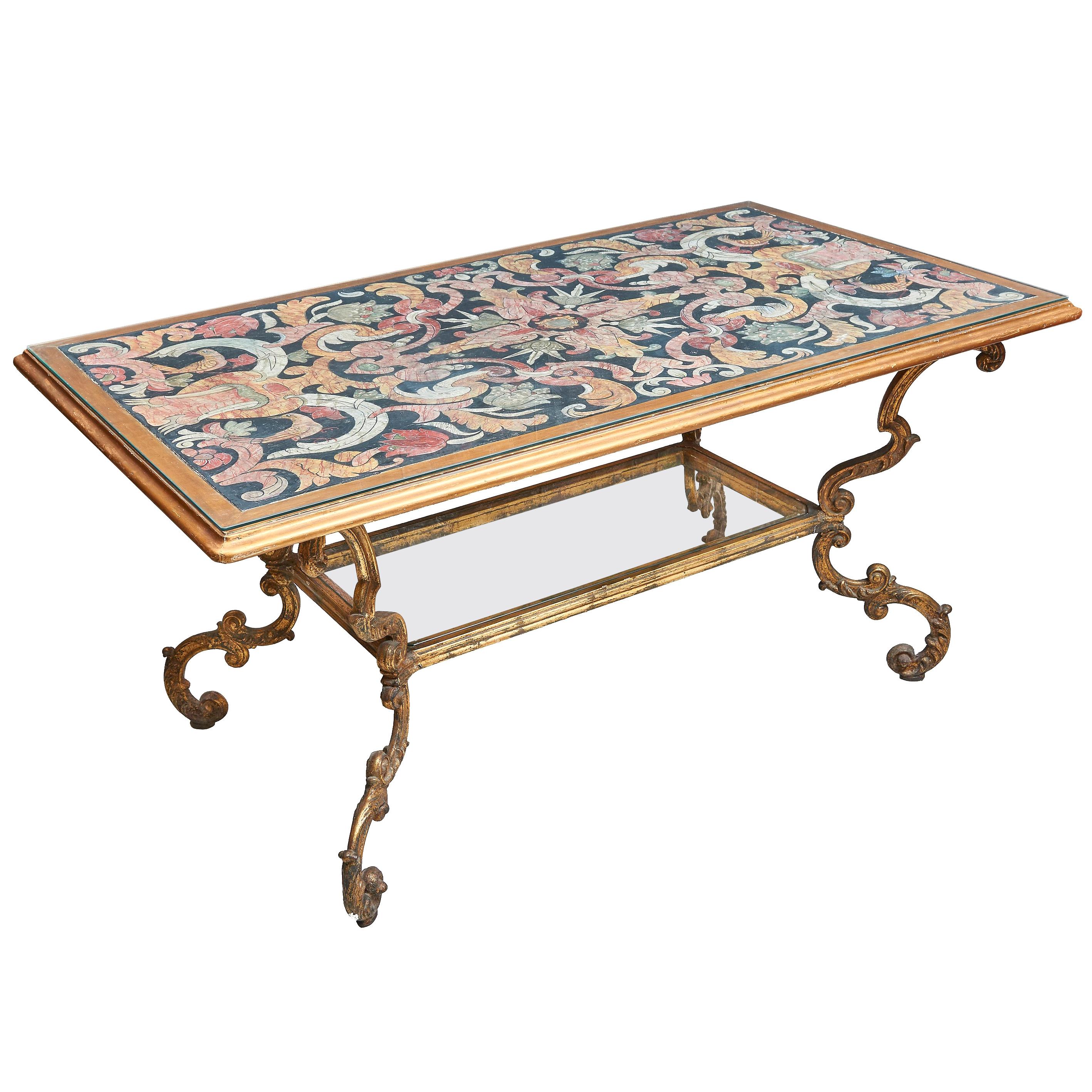 Italian Gilt-Iron Centre Table with Painted Imitation Scagliola Top, circa 1880 For Sale