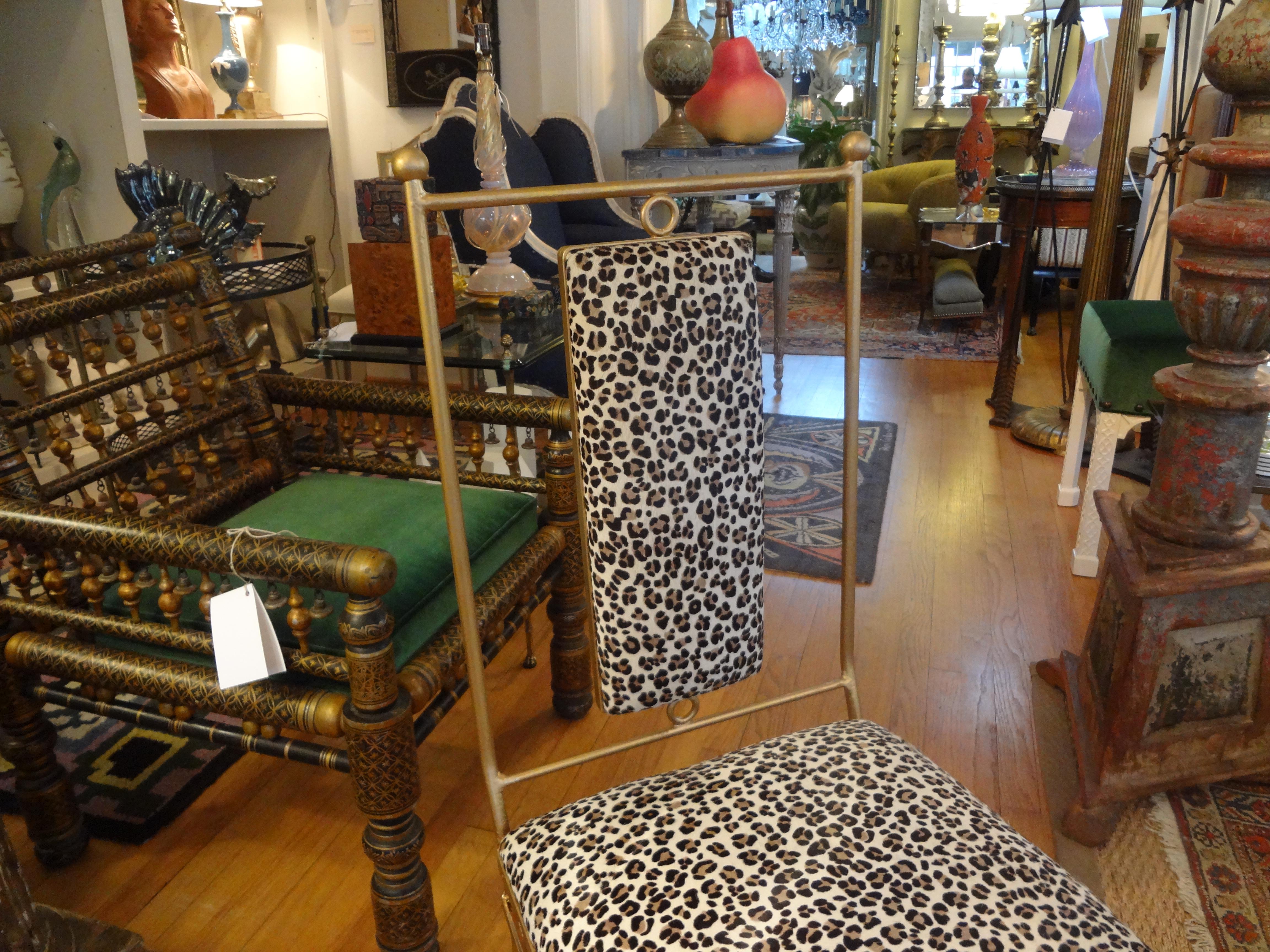 Italian Gilt Iron Chair with Leopard Print Hide Upholstery, Gio Ponti Inspired 5