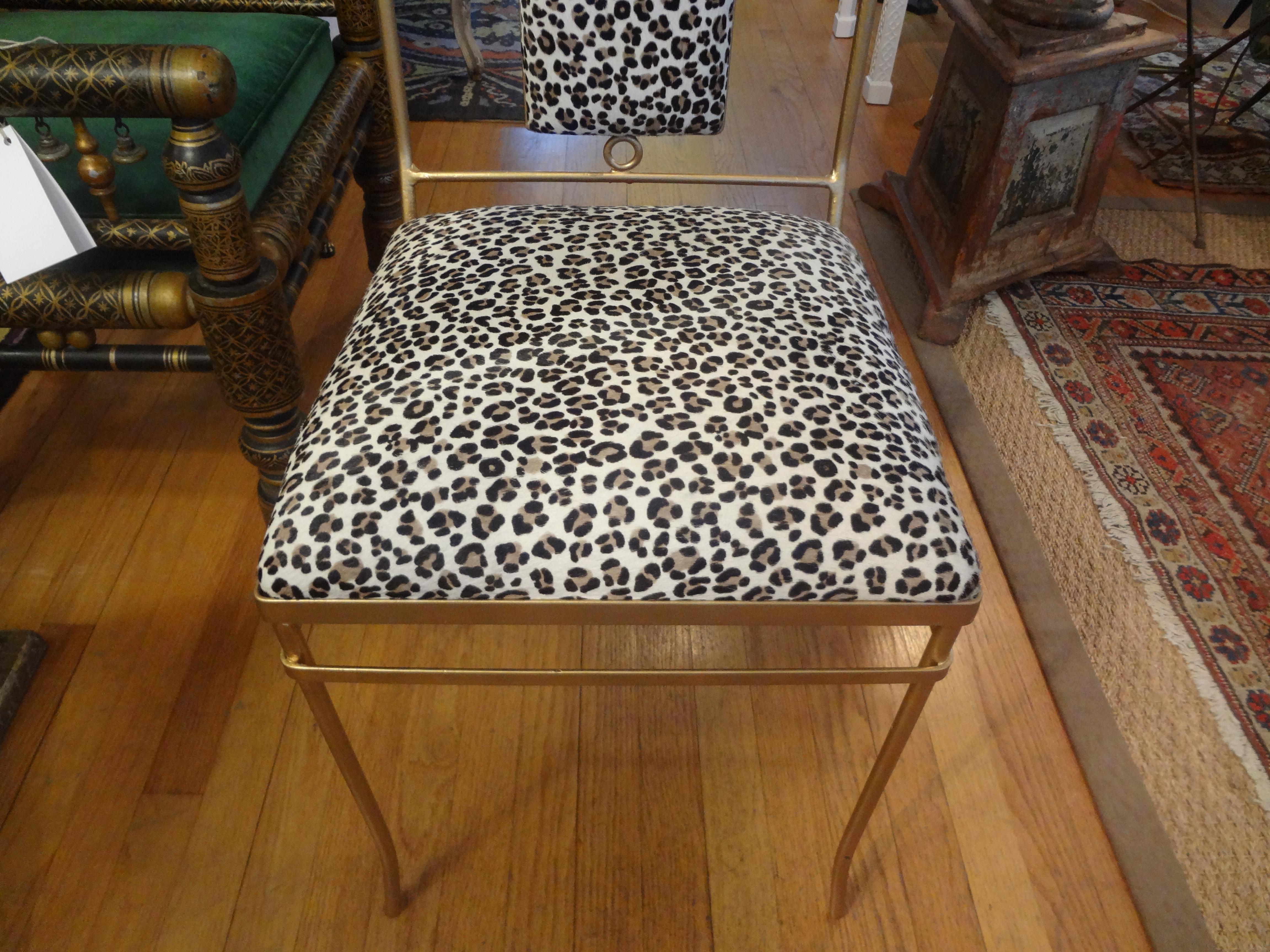 Mid-Century Modern Italian Gilt Iron Chair with Leopard Print Hide Upholstery, Gio Ponti Inspired