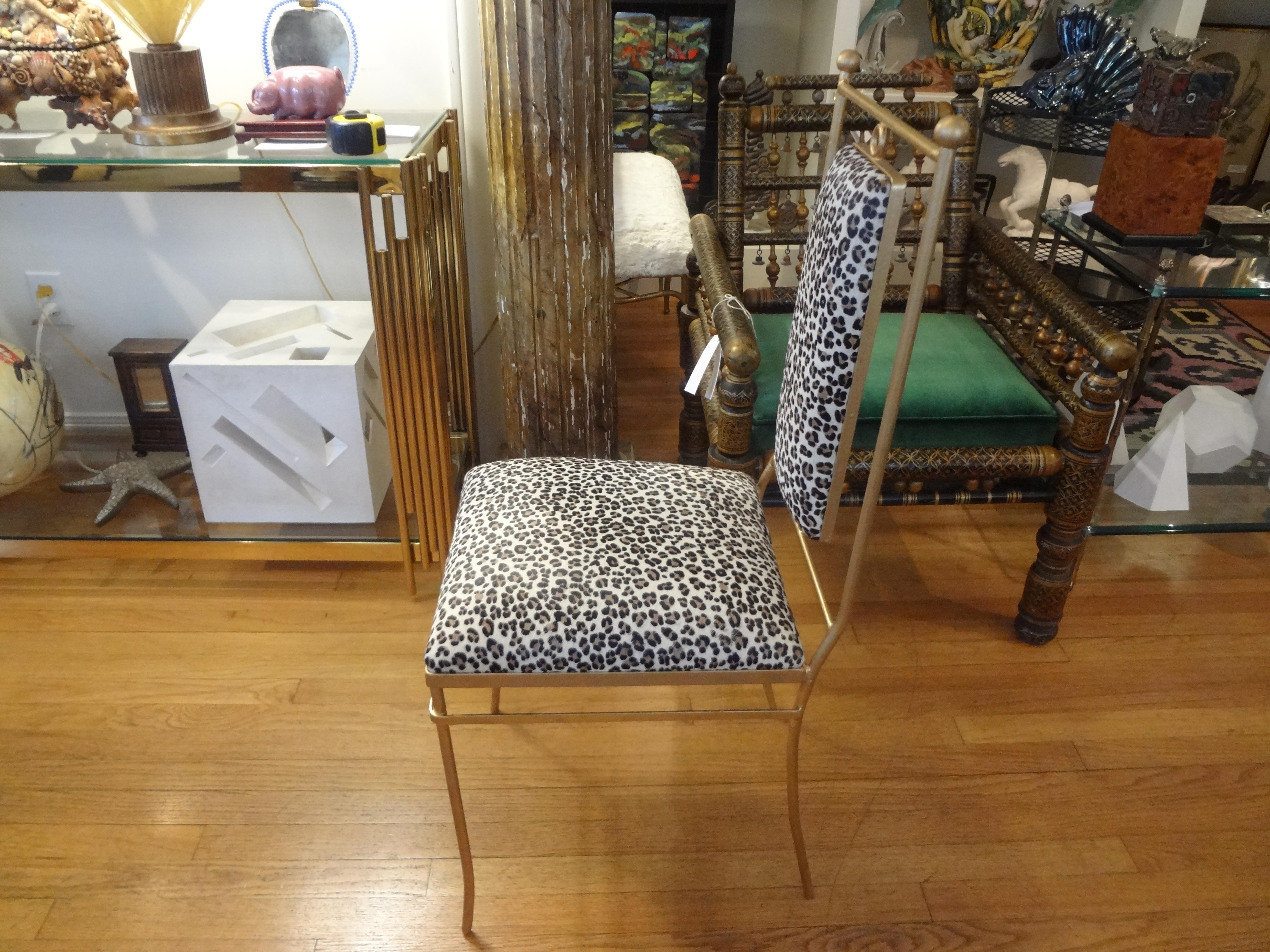 Mid-20th Century Italian Gilt Iron Chair with Leopard Print Hide Upholstery, Gio Ponti Inspired