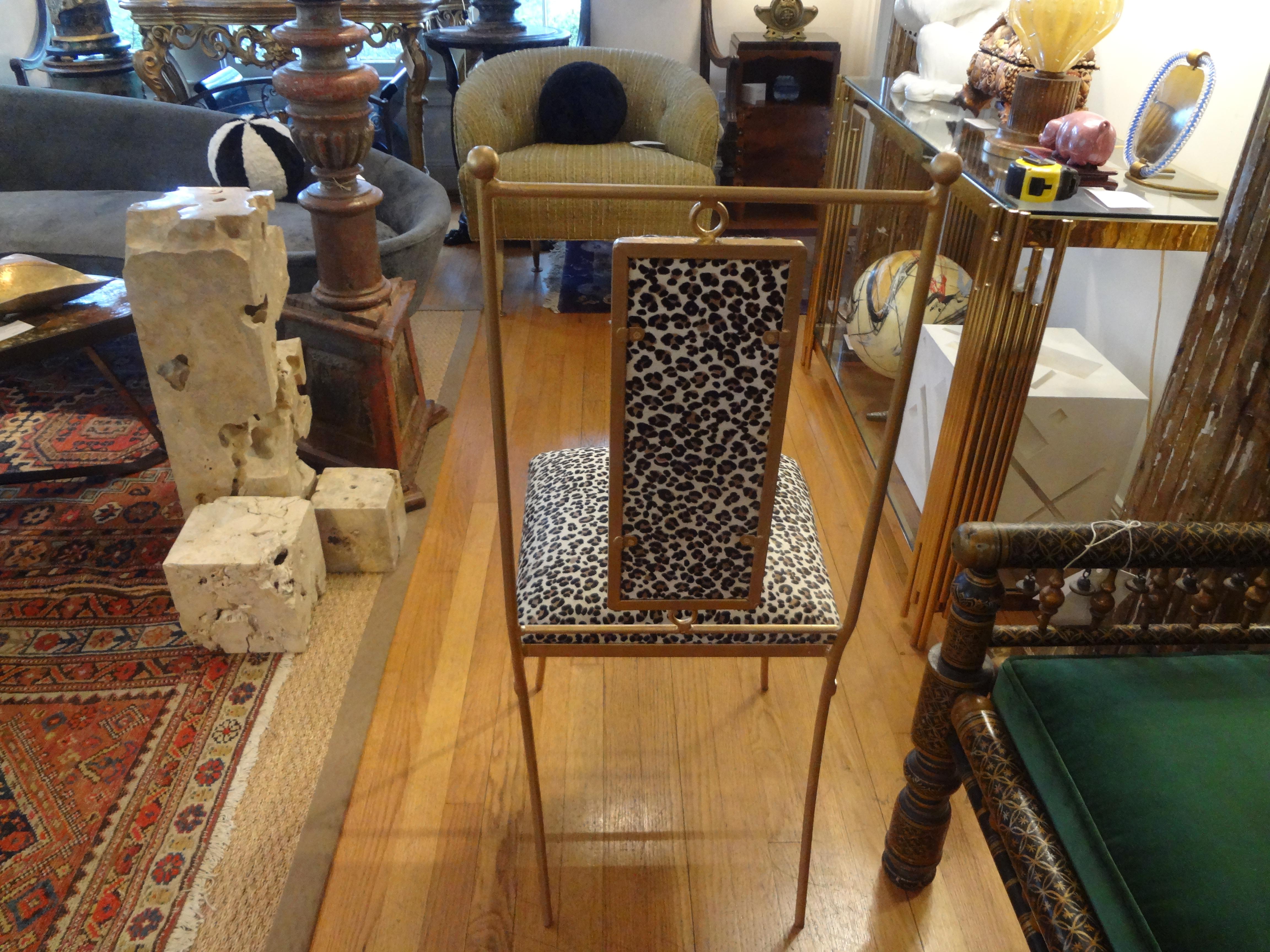 Italian Gilt Iron Chair with Leopard Print Hide Upholstery, Gio Ponti Inspired 1