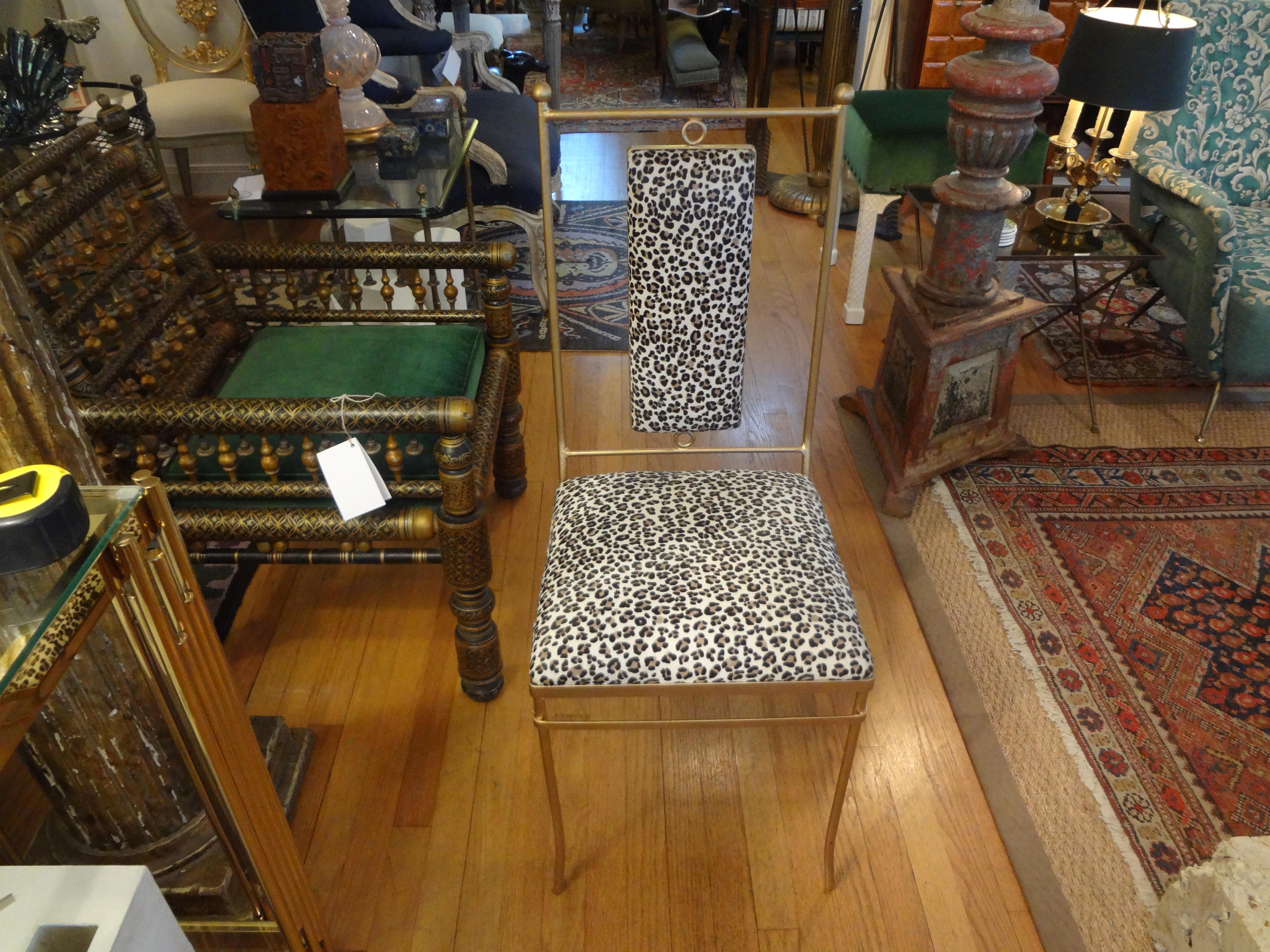 Italian Gilt Iron Chair with Leopard Print Hide Upholstery, Gio Ponti Inspired 2