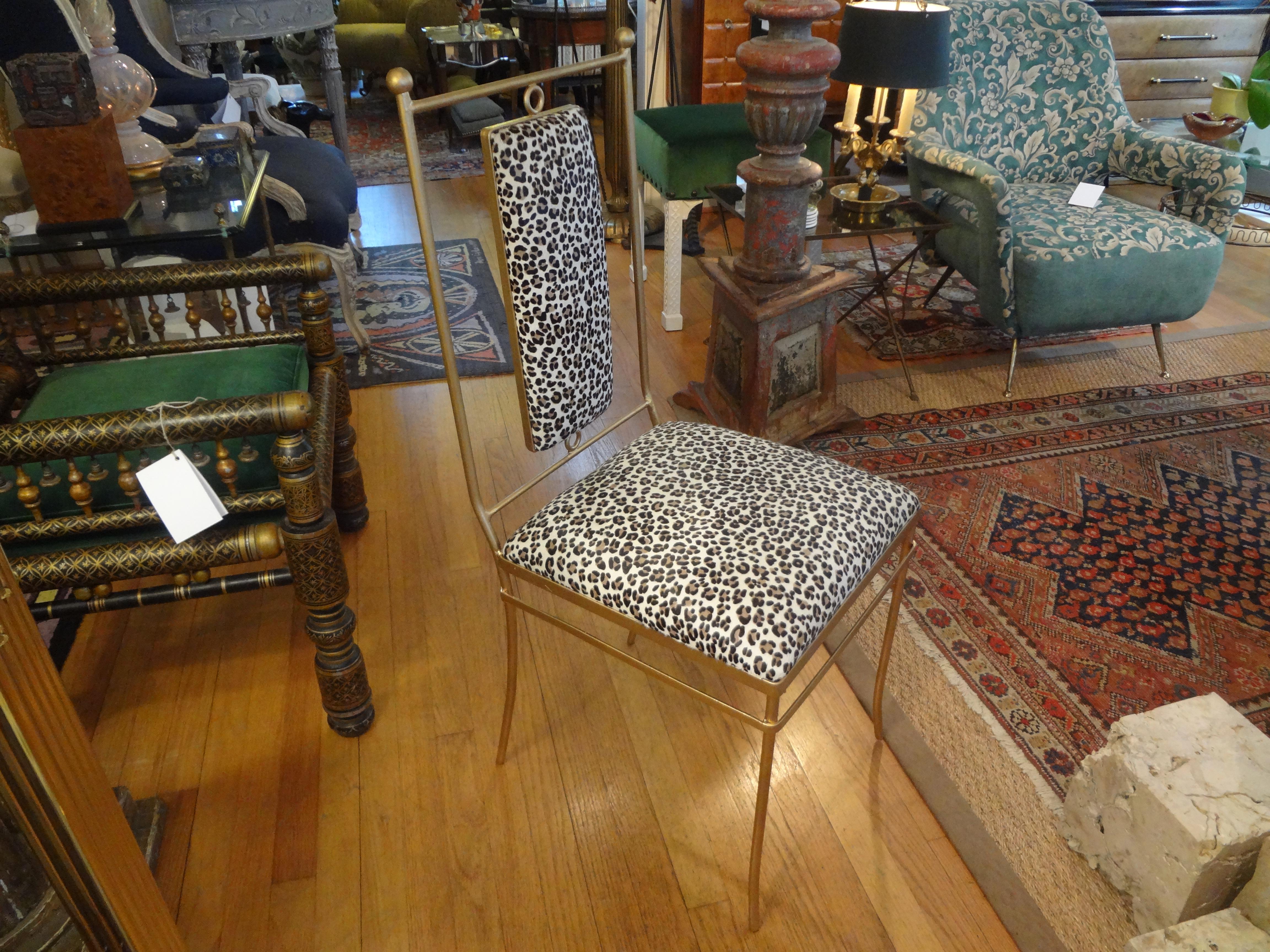 Italian Gilt Iron Chair with Leopard Print Hide Upholstery, Gio Ponti Inspired 3