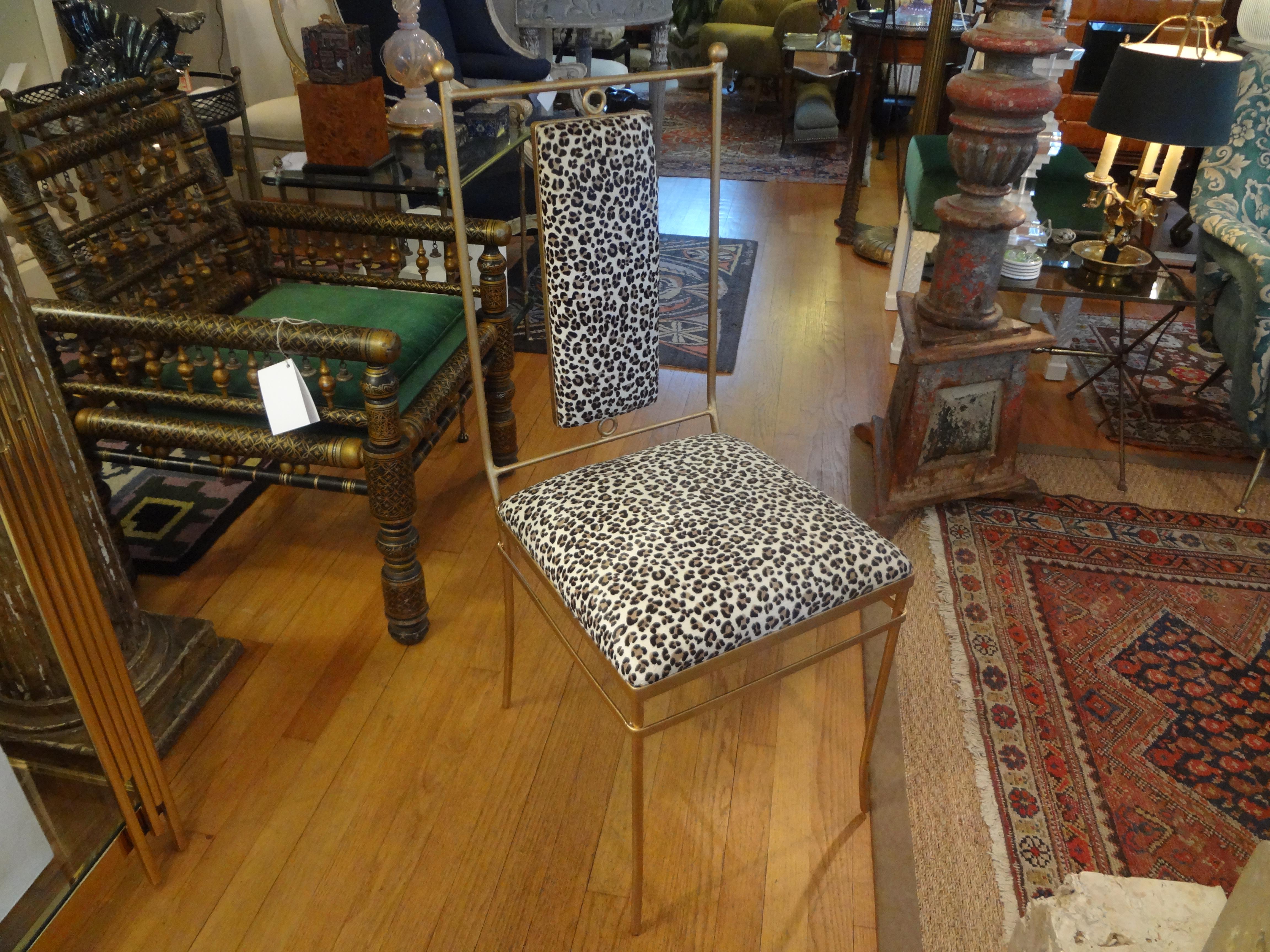 Italian Gilt Iron Chair with Leopard Print Hide Upholstery, Gio Ponti Inspired 4